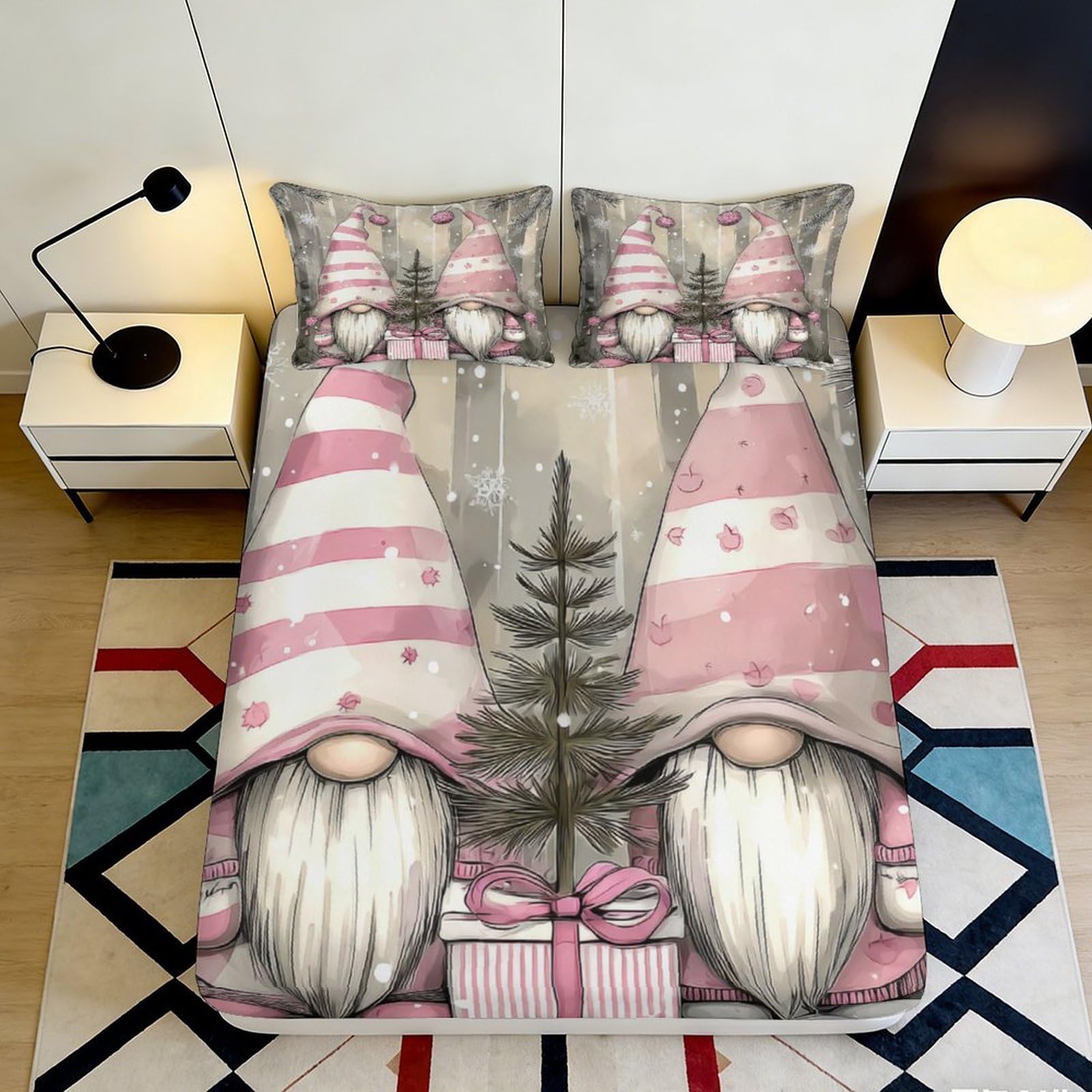 3D Printed Christmas Gnome Fitted Sheet Microfiber Soft Durable Pink Striped Bed Cover with 3D Printed Gnome Mattress Cover for Bedroom Dormitory Guest Room 120x200x25cm