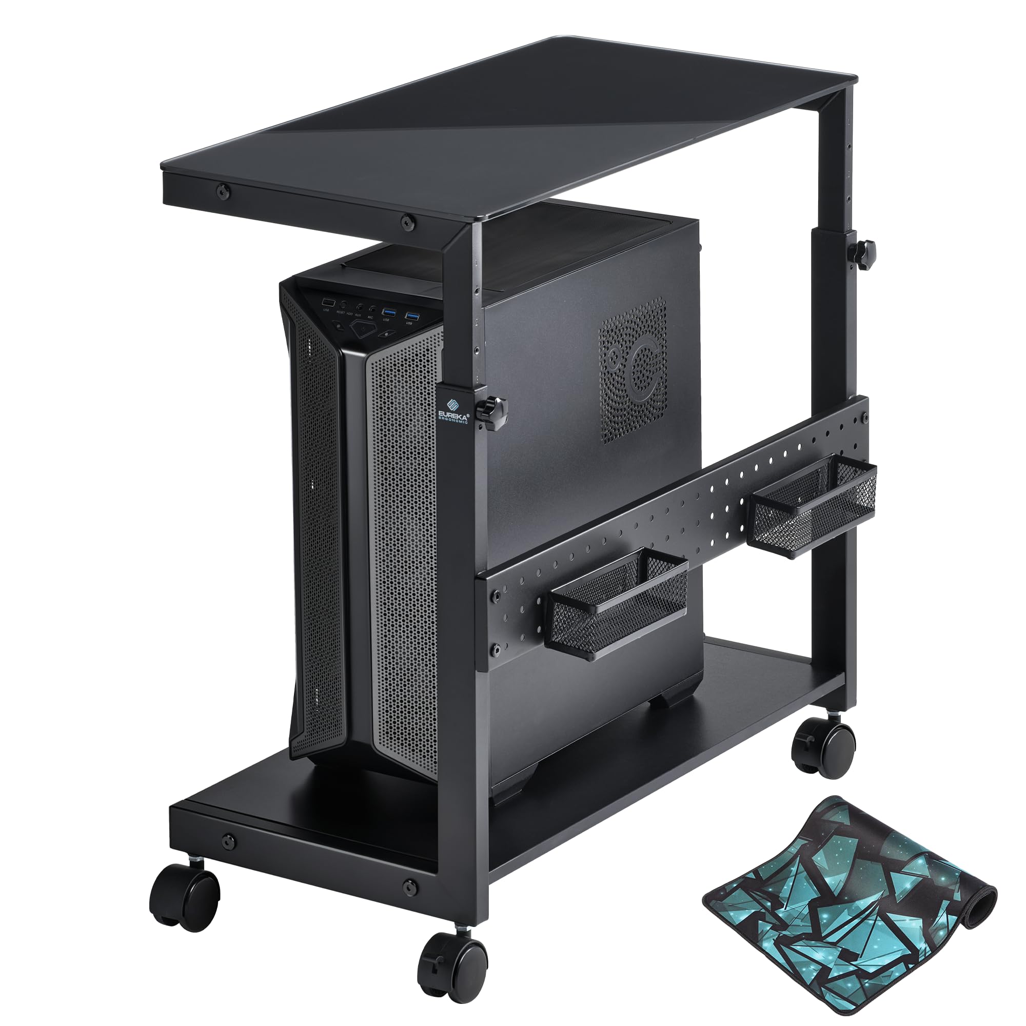 EUREKA ERGONOMIC PC Stand Computer Cart Frosted Glass, Height Adjustable Tower Stand 2-Tier for ATX Case Printer, Metal Rolling Cart on Wheels for Gaming Home Office, Black