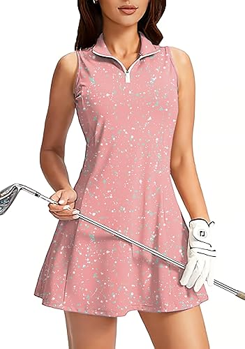 Women's Golf Sleeveless Zipper Dresses with Built in Shorts(387,2XL)