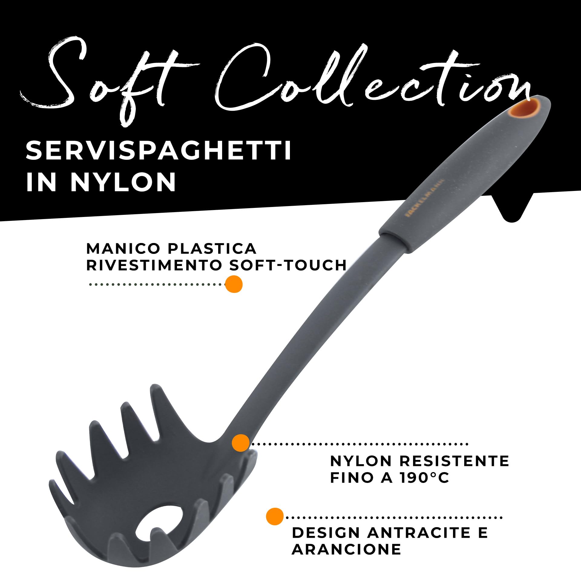 Fackelmann Linea Cucchiaio Servispaghetti Nylon Manico Soft Touch Arancio Nero 1 Pezzo