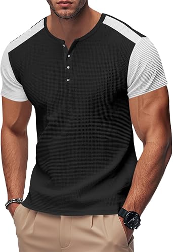 Workout Shirts for Men Vacation Button Waffle Knit V-Neck Slim Fit Athletic Short Sleeve Funny Running Gym T-Shirt
