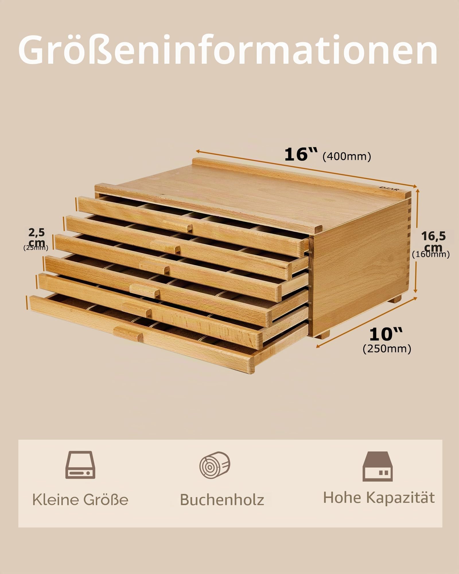 DJAR 6-Schubladen Aufbewahrungsbox für Künstlerbedarf, Buchenholz-Organizer mit herausnehmbaren Fächern