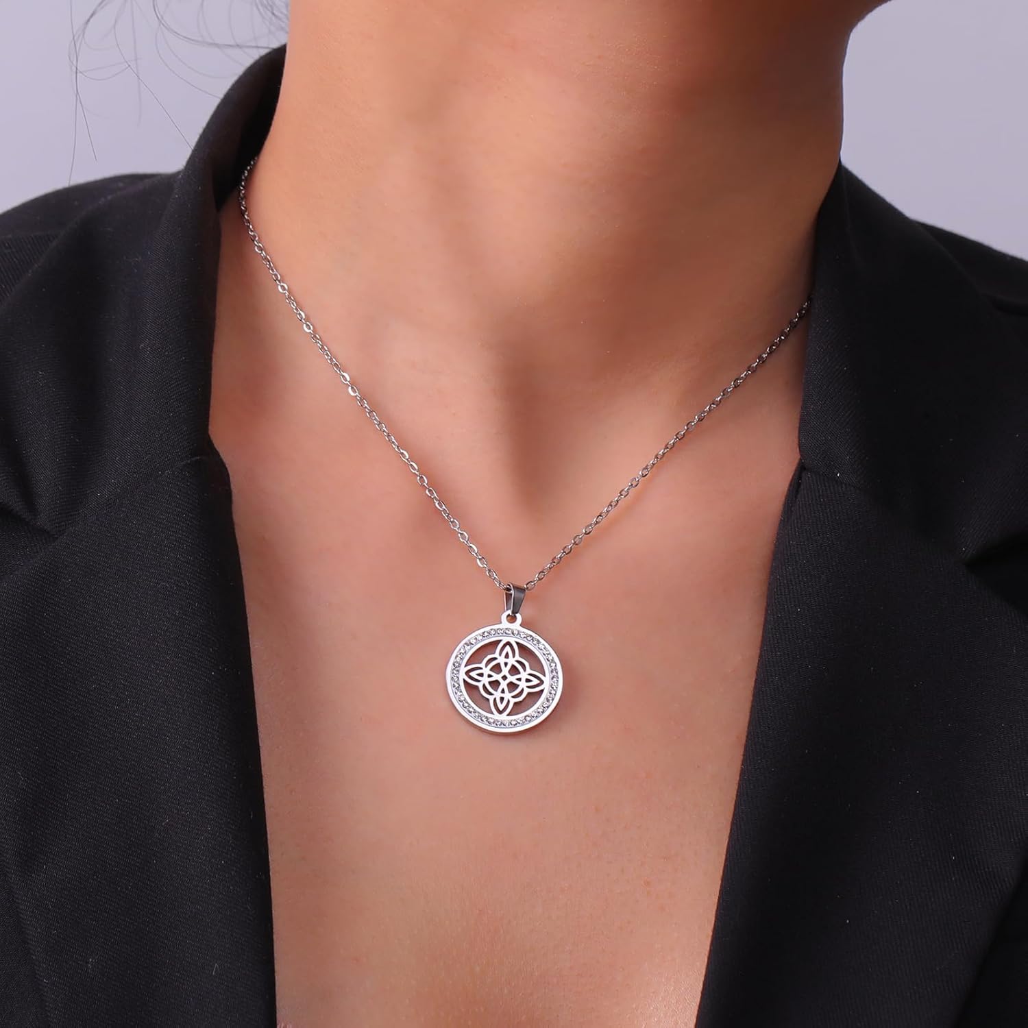 Dreamtimes Witch Knot Necklace for Women Stainless Steel Clear Gold Color Zircon Round Pendant Neck Chains Celtic Quaternary Wiccan Witches Knot Necklace Witchcraft Jewelry - Image 3