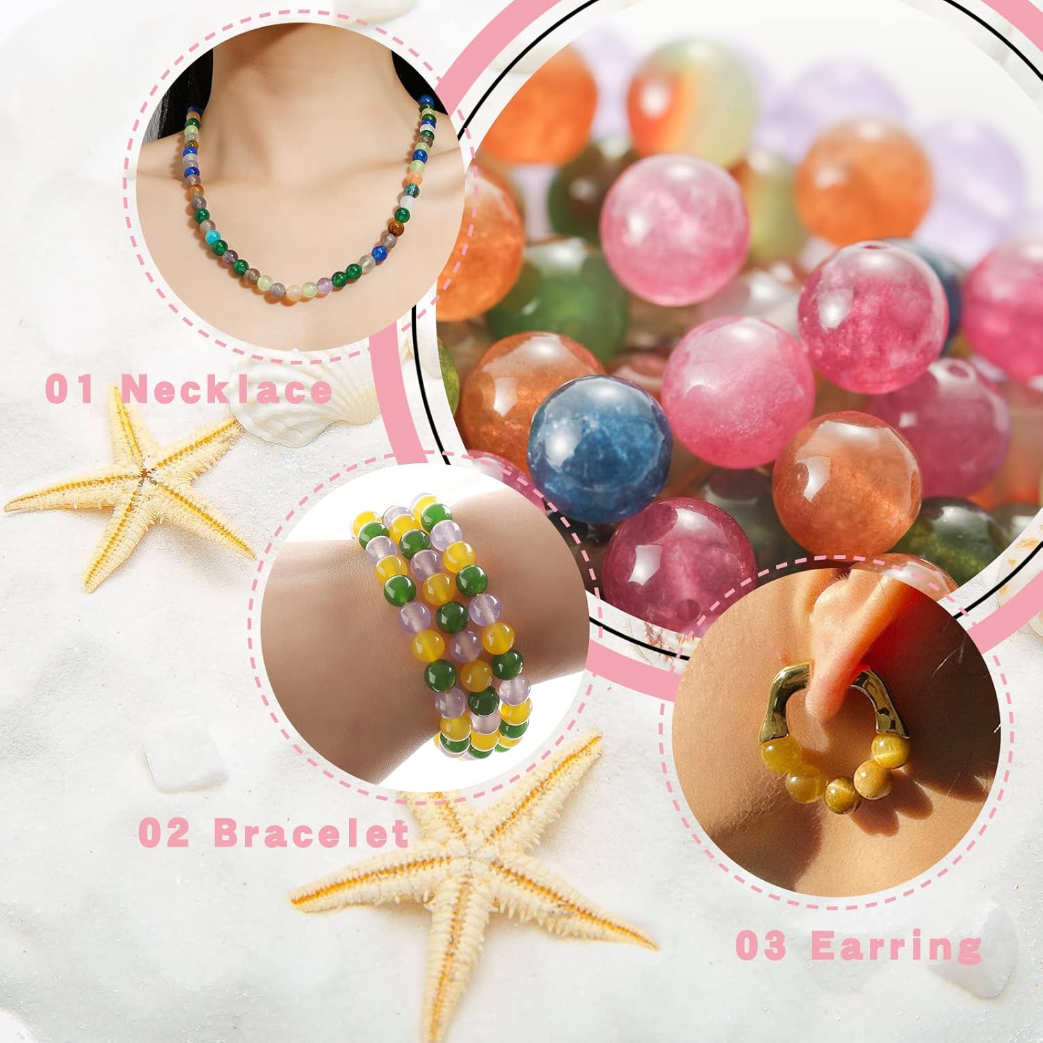 Natural Stone Beads 8mm 60PCS Gemstone Loose Beads with Spacer Beads and Elastic Bracelet String for Smooth Surface Round Loose Beads Energy Stone for Jewelry Making Colored Chalcedony