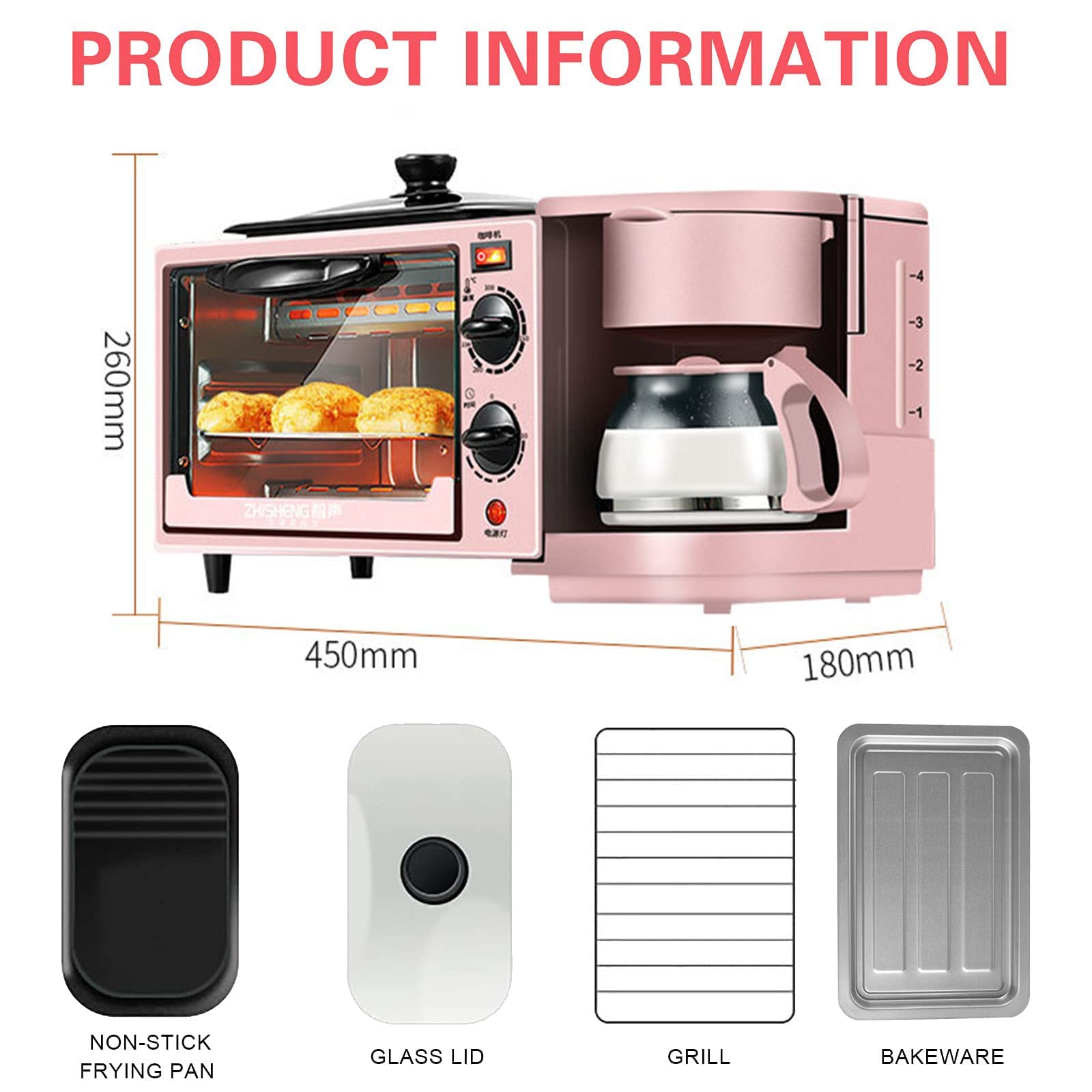 Station de Petit-déjeuner 3 en 1 Machine de Petit-déjeuner, Four Multifonctionnel 1050W avec cafetière et Plaque chauffante, Famille Portable