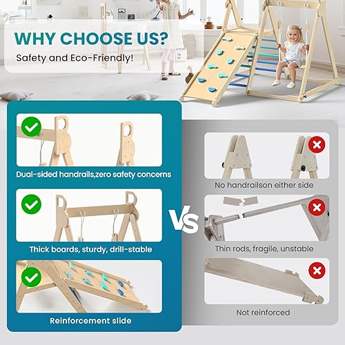 Miniatura 5 de BlueWood Gimnasio de la selva interior 4 en 1, juego de escalada plegable de madera con columpio, tobogán, escalera y pared de escalada, juego