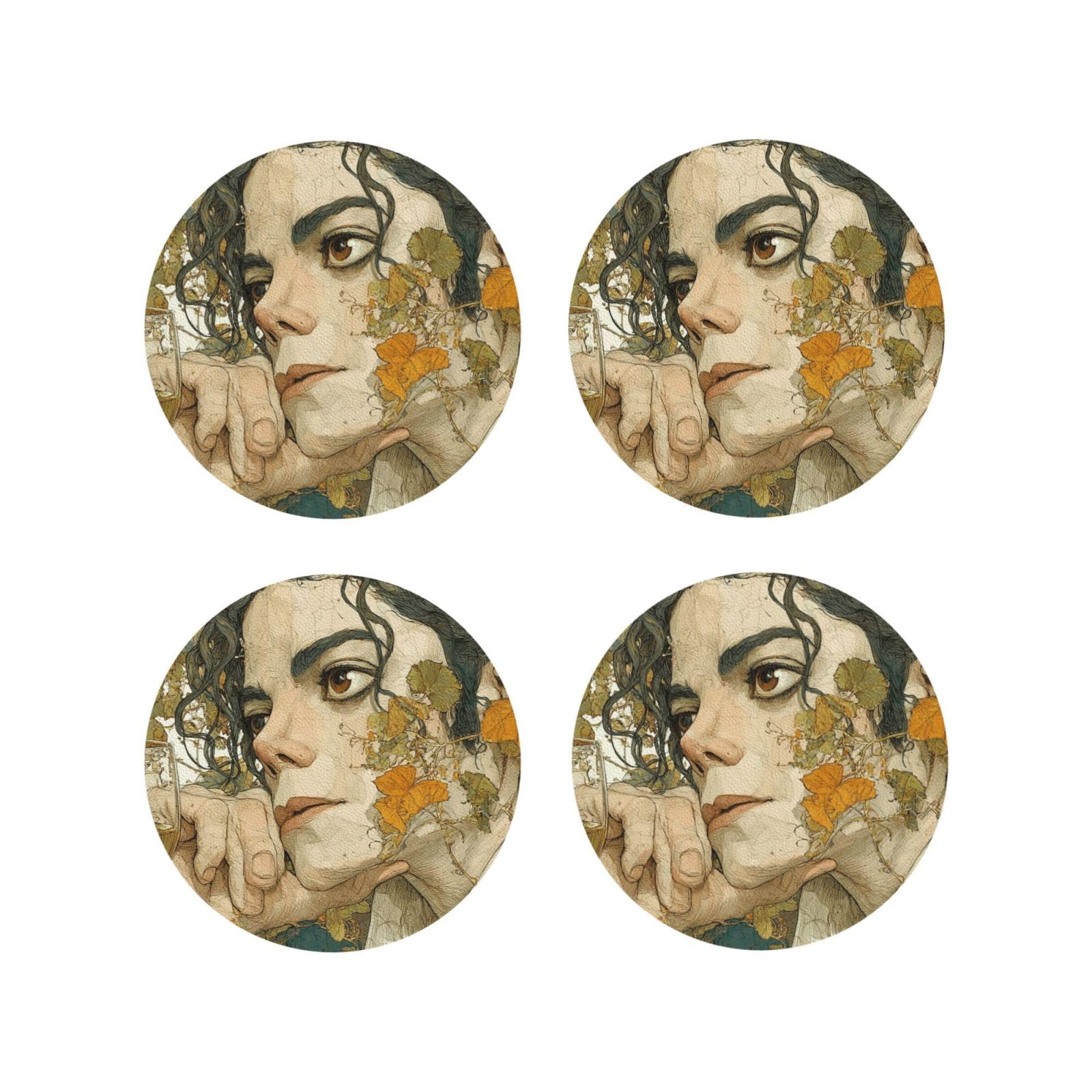 Coasters Set of 4 Round Leather Coaster Quick-Dry Drink Michael Jackson Coasters for Desk Absorbent Mugs Pads Tabletop Protection Pad Heat Resistant Coffee Cup Mat for Kitchen Bar
