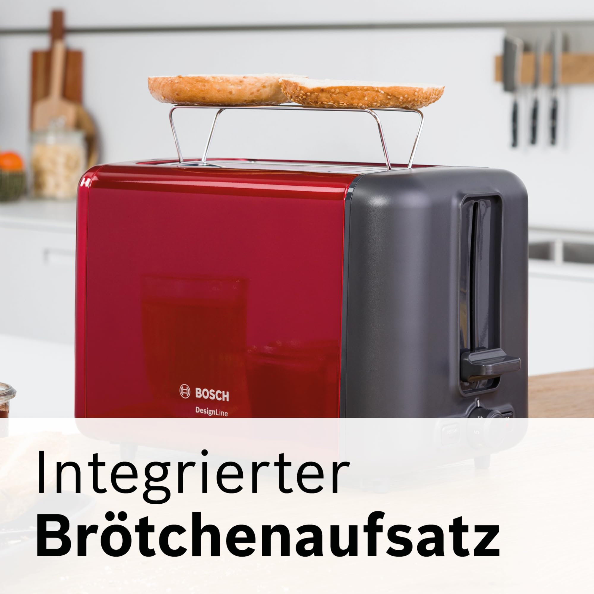 Bosch Toaster TAT3P424DE DesignLine, 2-Scheiben Toaster mit integriertem Brötchenaufsatz, Auftaufunktion & Aufwärmfunktion, Automatische Brotzentrierung, High-Lift, 970W, Rot