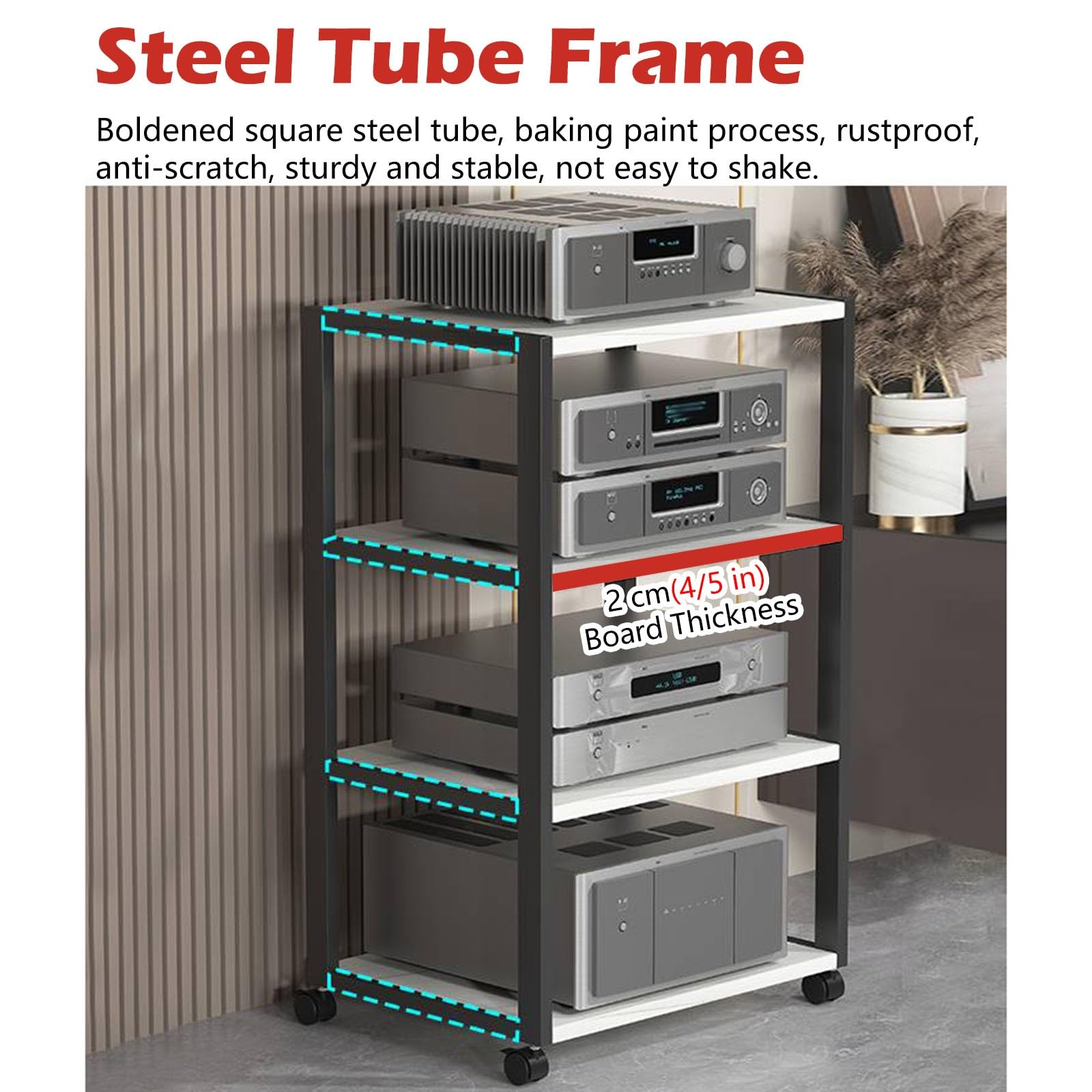 HiFi-Stereo-Regal für Wohnzimmer, 2-stöckig, AV-Media-Ständer auf Rädern, DVD-Player, Aufbewahrungsschrank, kompaktes Entertainment-Center für kleine Räume (weiß)
