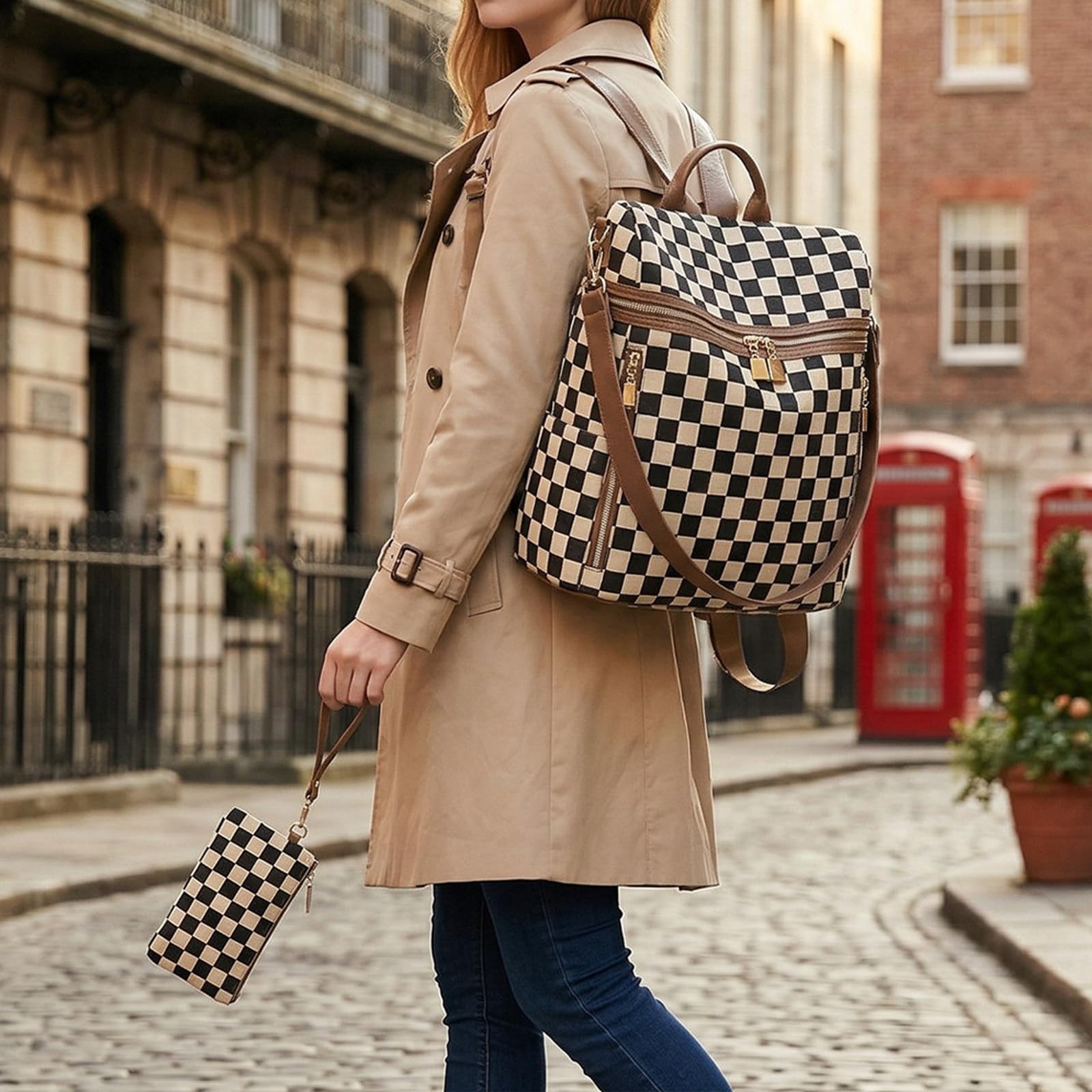 Zaino a quadri da donna piccolo zaino con tasche multiple grande borsa tracolla regolabile da viaggio lavoro