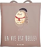 Mr. & Mrs. Panda Tragetasche Eule Frankreich - Geschenk, Das Leben Ist schön, Tasche, Jutebeutel, Owl, Strandtasche, La Vie Est Belle, Umhängetasche, Tote Bag, Shopper, Spruch Braun Pastell Einheitsgröße