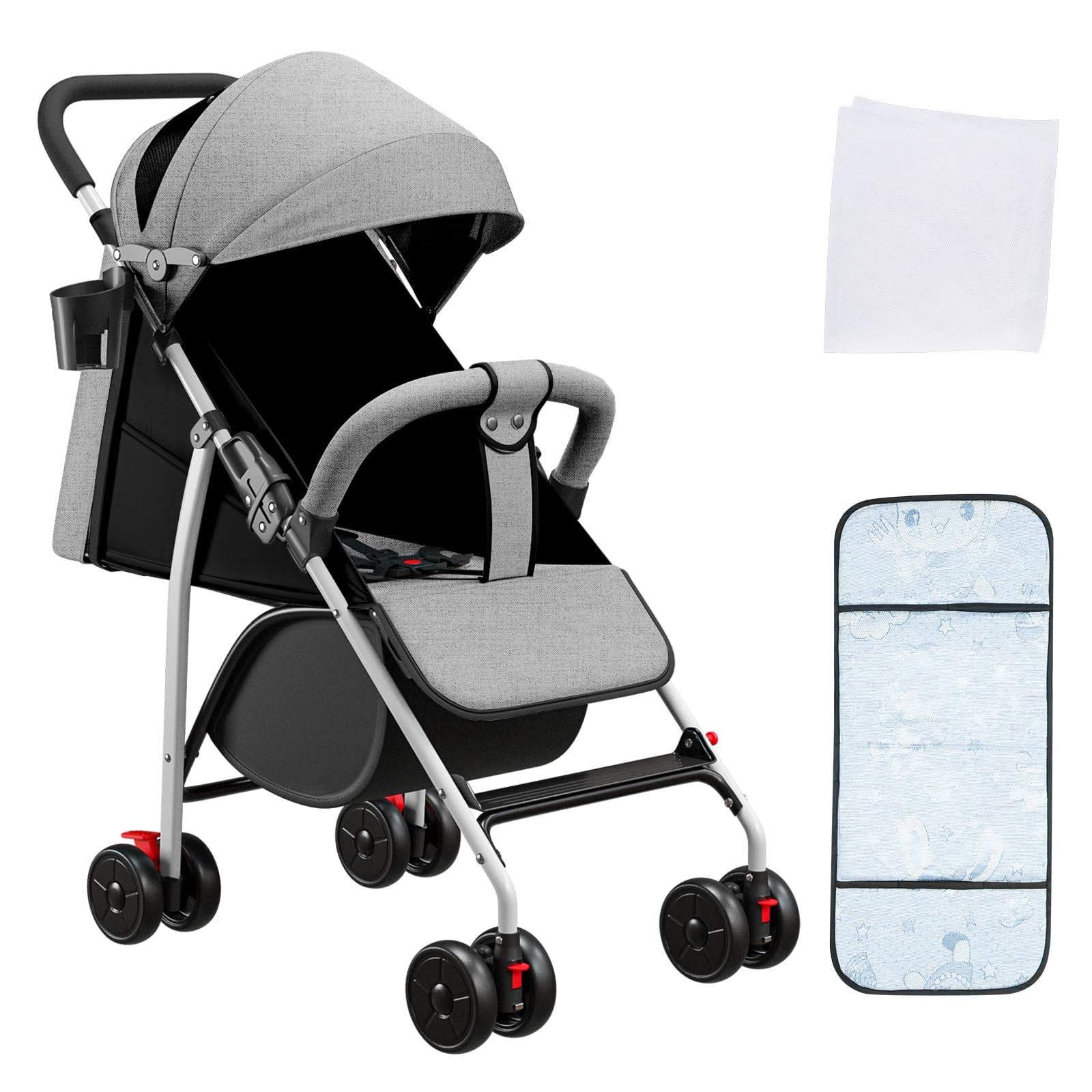 Passeggino con barra di passeggio, posizione allungata, ultraleggero, zanzariera, pieghevole, impermeabile, fino a 25 kg, regolabile, imbracatura a 5 punti, passeggino da viaggio portatile e leggero