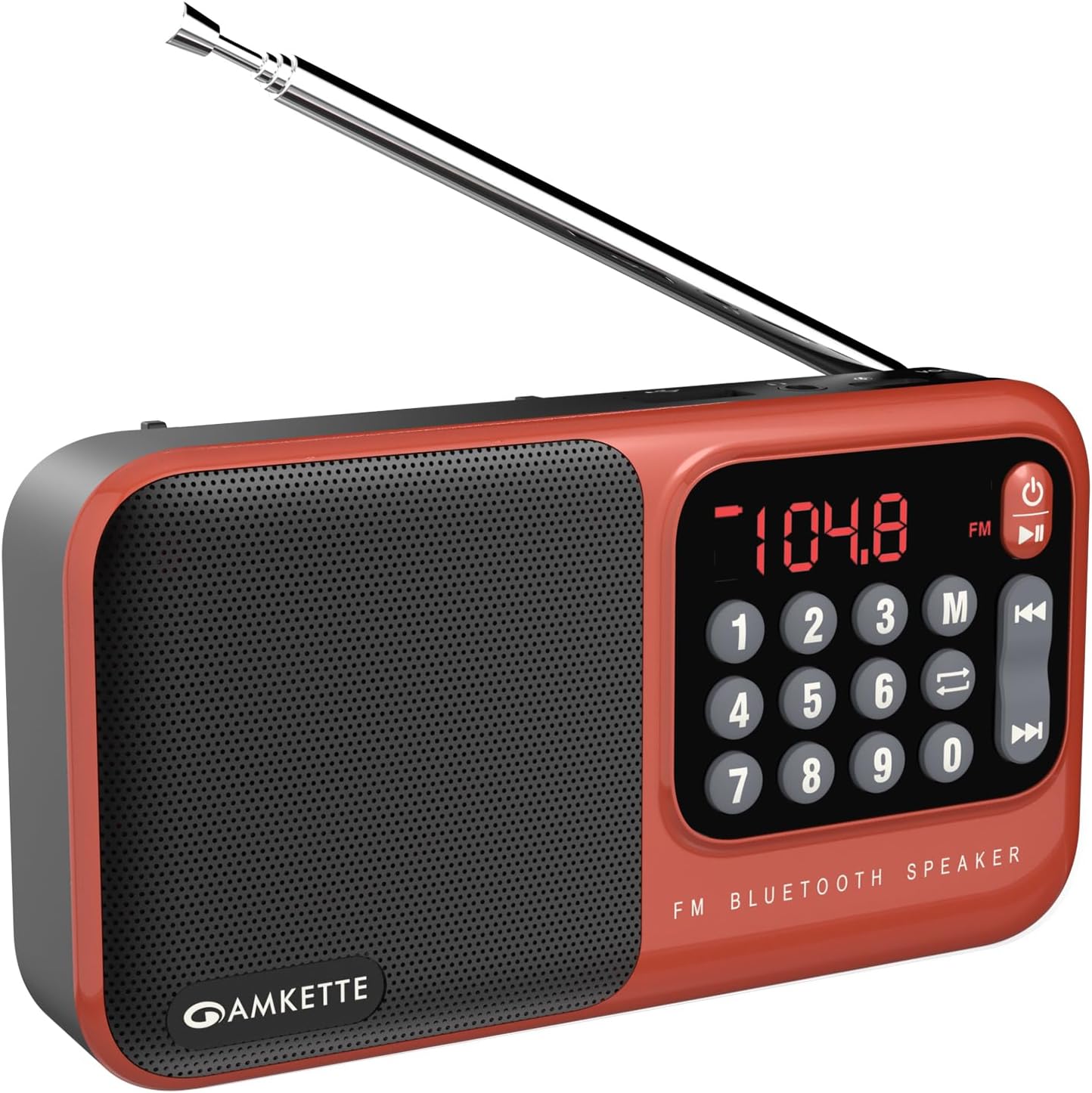 Amkette Pocket Mate Digital FM Radio with Bluetooth Speaker - Type C Charging, Antenna, Multiple Playback 8 Hours Playtime, and Number Pad (Headphone Jack, SD Card, USB Input) (Red)