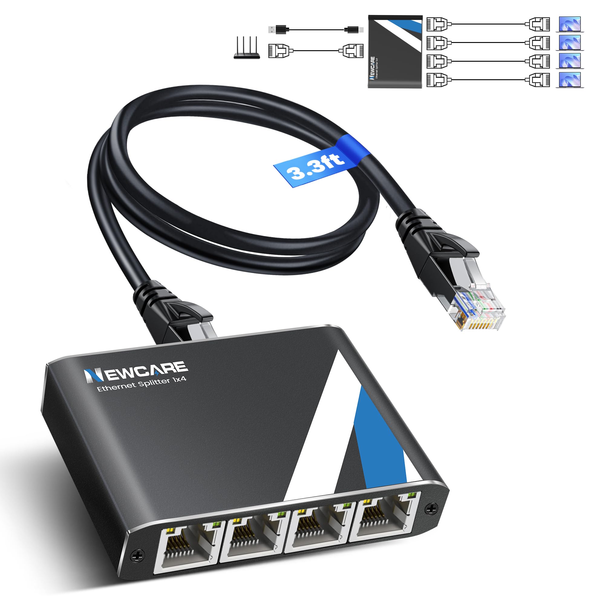 NEWCARE Gigabit Ethernet Splitter 1 to 4 with 3.3ft LAN Cable, 1000Mbps High Speed 1 in 4 Out RJ45 Multi Port Internet Splitter for Cat5e/6/7/8, 4 Devices Simultaneously Networking, Plug & Play