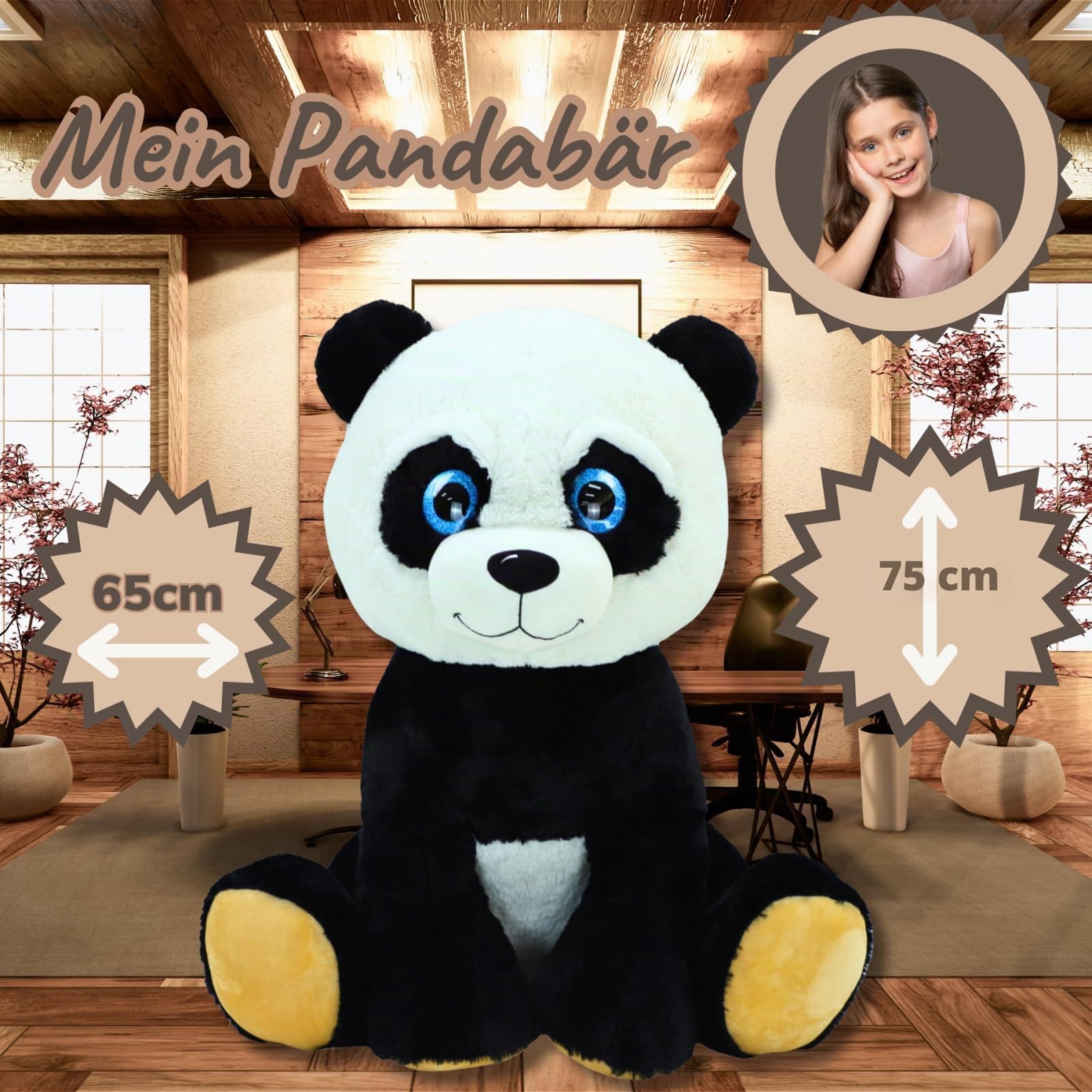 TE-Trend XXL Panda Plüschtier, 75cm groß, Kuscheltier mit funkelnden blauen Augen, weiche Qualität, für liebevolle Umarmungen und als treuer Weggefährte, glückliche Stunden