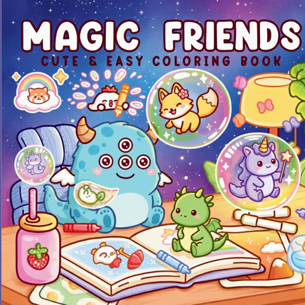 Magic Friends Cute & Easy Kawaii Coloring Book: 53 Magical Creatures & Fantasy Animal Illustrations for Teens & Adults — Dragons, Unicorns, Foxes & More in Dreamy Kawaii Scenes