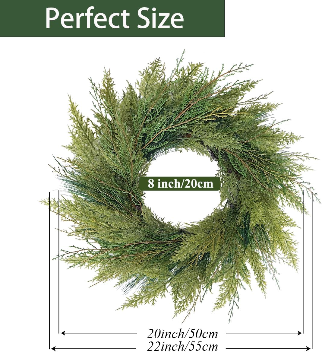 20” Green Faux Norfolk Pine Christmas Winter Wreath – Mixed with Real Touch Fake Cypress, Cedar & Spruce, Xmas Wreaths for Front Door Porch Mantel & Fireplace - Image 7