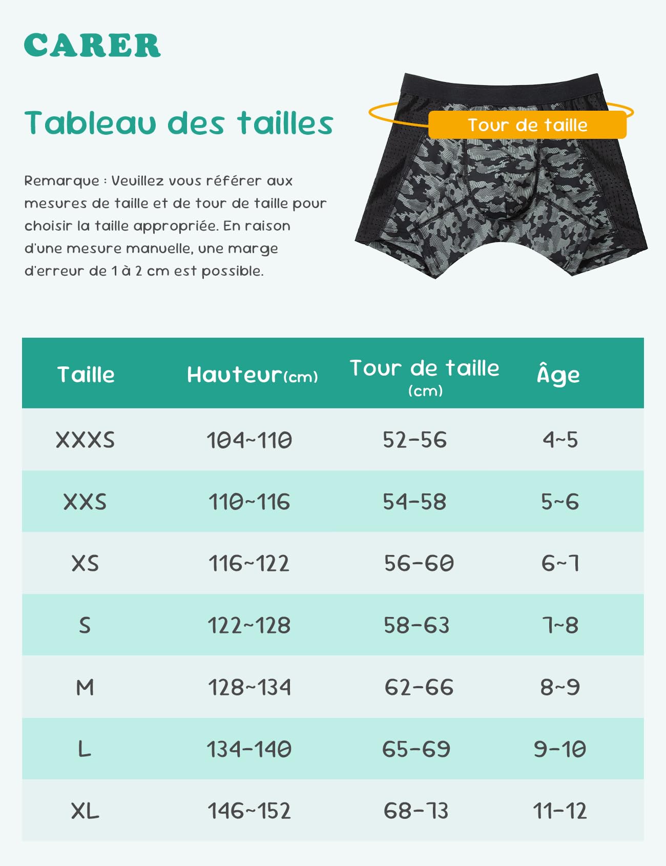 Carer Lot de 2 Boxers d’Incontinence Garçon Incontinence Légère 40 ml Capacité d’Absorption Camouflage Respirant Léger Doux Réutilisable Noir et Bleu Foncé Taille 110-116