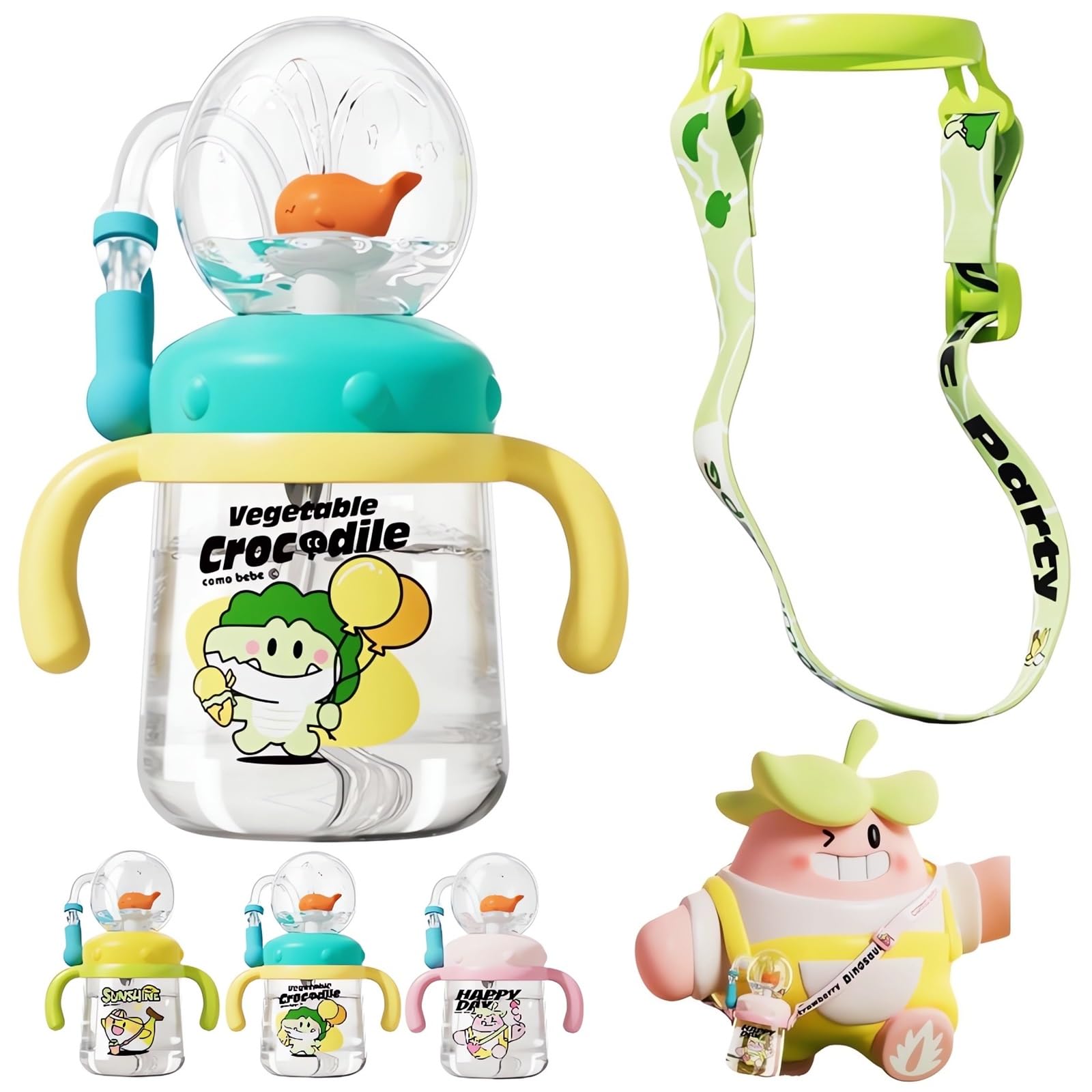 Drinking Cup with Whale Squirt 2025 Kids Weighted Sippy Cups No Spill Cute Water Bottle with Lids and Straws Leak Proof Handles ? Adjustable Strap 360 Squirting Milk Straw Training Sippy Cups (A1)