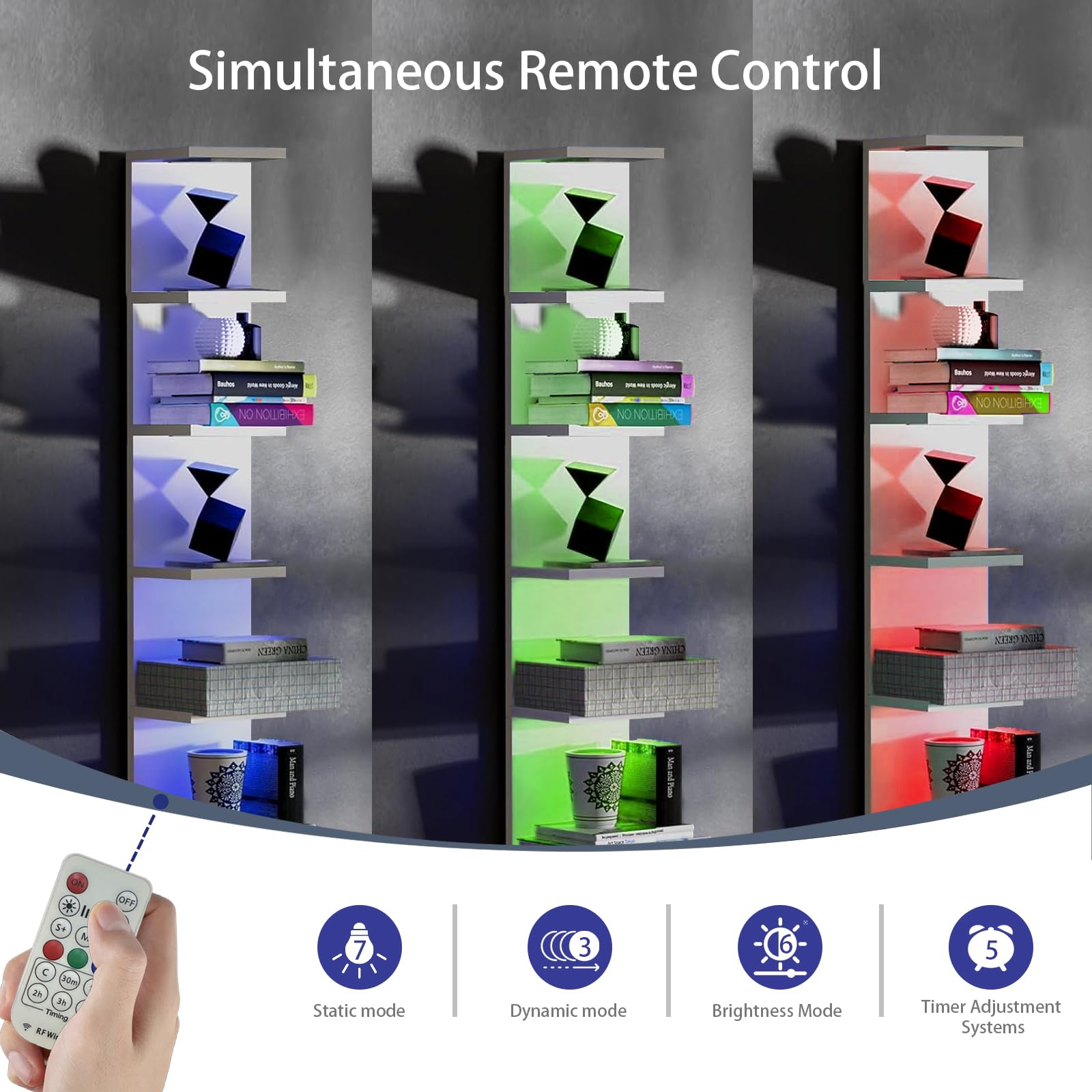 VIWODS Scaffale da parete a 7 livelli con luci RGB, mensola sospesa per riporre oggetti a parete, espositore verticale da parete per camera da letto soggiorno vanità, bianco