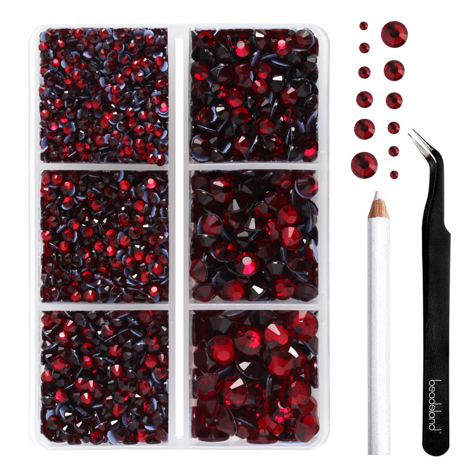 BEADSLAND Hotfix Strasssteine,4000 PCS Dunkel Rot Strasssteine für Kleidung Kunsthandwerk gemischt 6 Größen mit Wachsstift und Pinzette Kit, SS6-SS30, Dunkles Rot