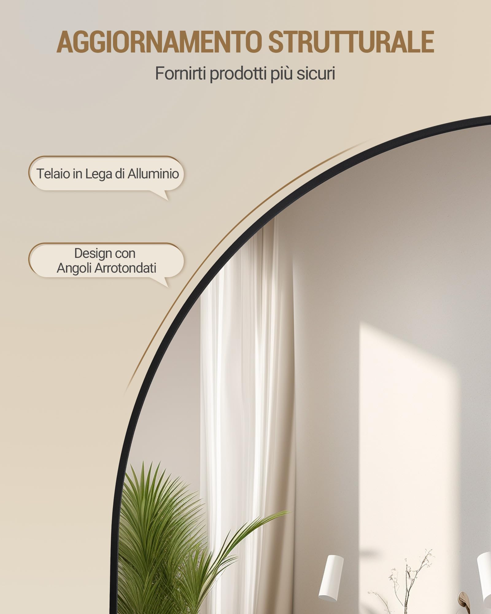 Hzuaneri Specchio a Figura Intera, 160 x 50 cm, Specchio da Terra ad Arco con Supporto, Vetro Temperato, Cornice in Lega di Alluminio, Può essere appeso al muro, Camera da Letto Soggiorno, Nero