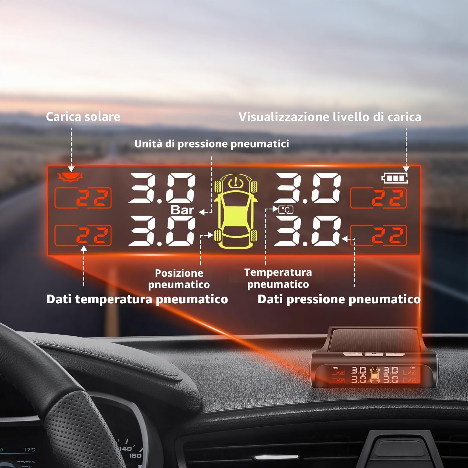 Geloo TPMS Sistema di Controllo Universale della Pressione degli Pneumatici con 4 Sensori Esterni Wireless Sistema di Monitoraggio con 5 modalità Allarme, Campo di Pressione 0-5bar