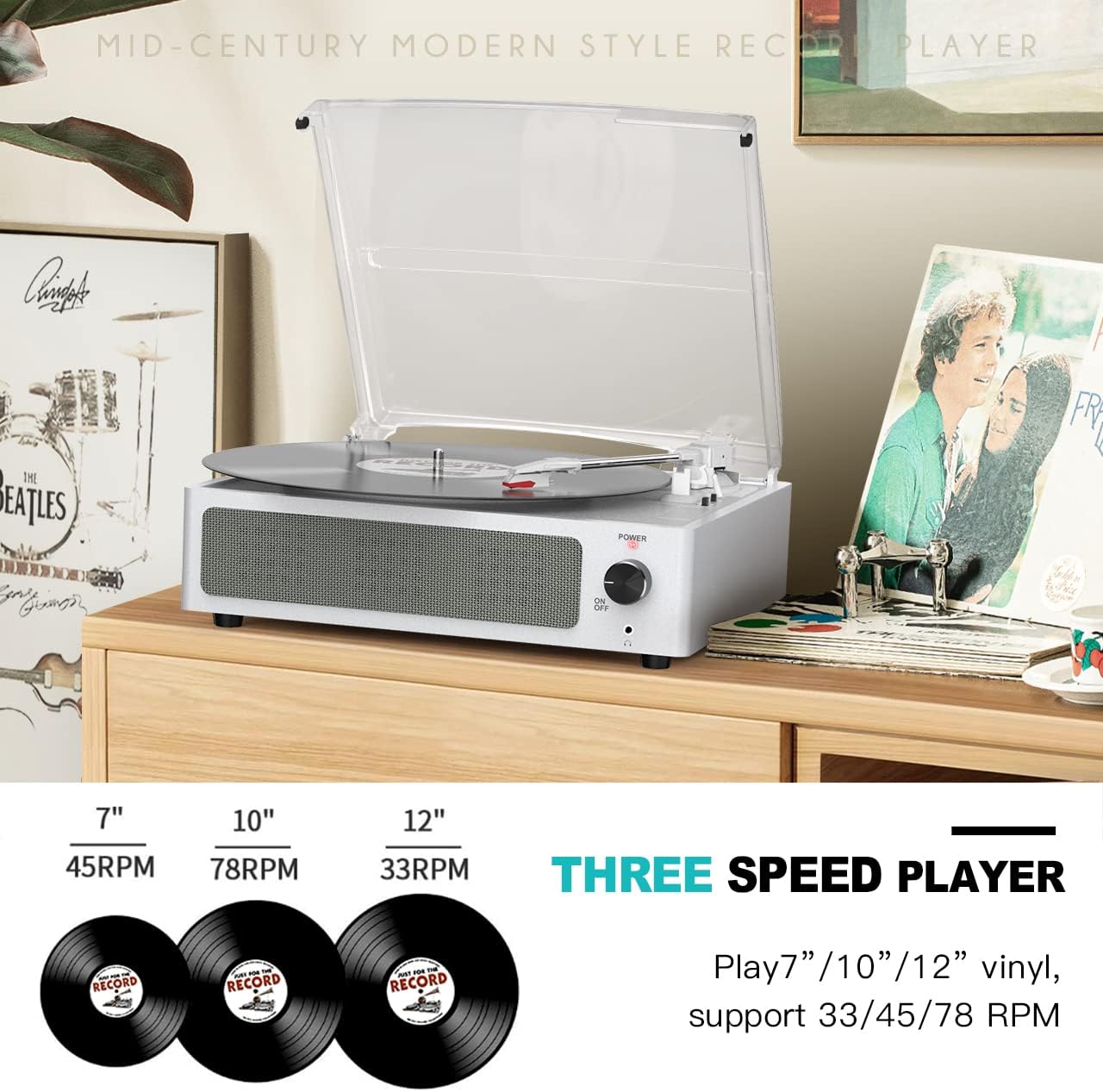 Vinyl Record Player with Speakers Vintage Turntable for Vinyls Records, Belt-Driven Turntable Support 3-Speed, Wireless Playback, Headphone, AUX-in, RCA Line LP Vinyl Players for Sound Enjoyment White