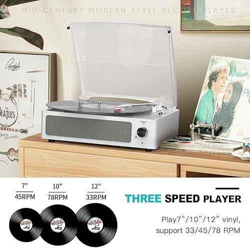Miniatura 3 de Vinyl Record Player with Speakers Turntable Belt-Driven Turn Table Support 3-Speed 3 Size BT Wireless Playback Headphone AUX-in RCA Line LP Blanco