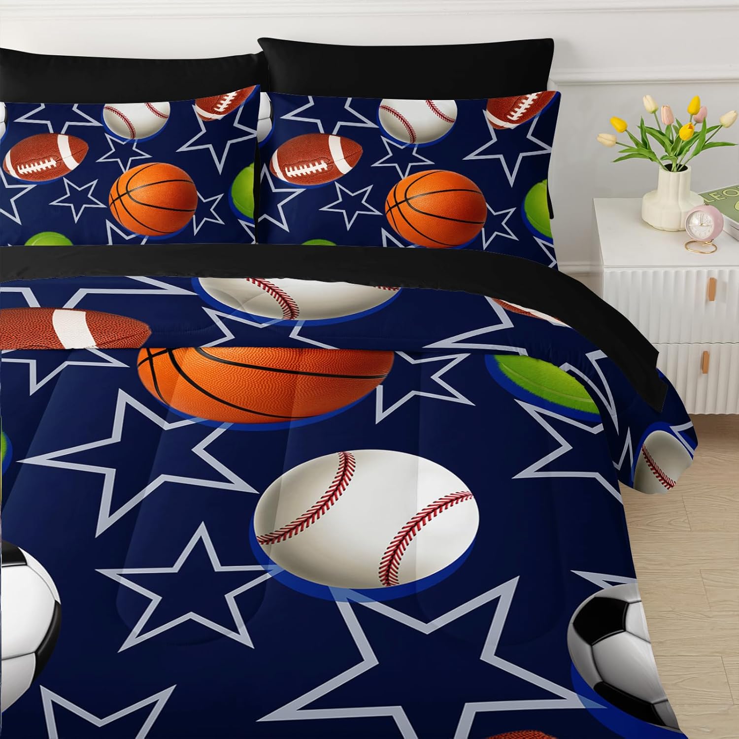 QOOMO Sports Soccer Room Decoration Comforter, Basketball Baseball 7 Piece Kids Bedroom Decor Set, Twin Size with 1 Comforter, 2 Pillowcases, 2 Black Pillowcases, 1 Black Fitted Sheet & 1 Flat Sheet - Image 6