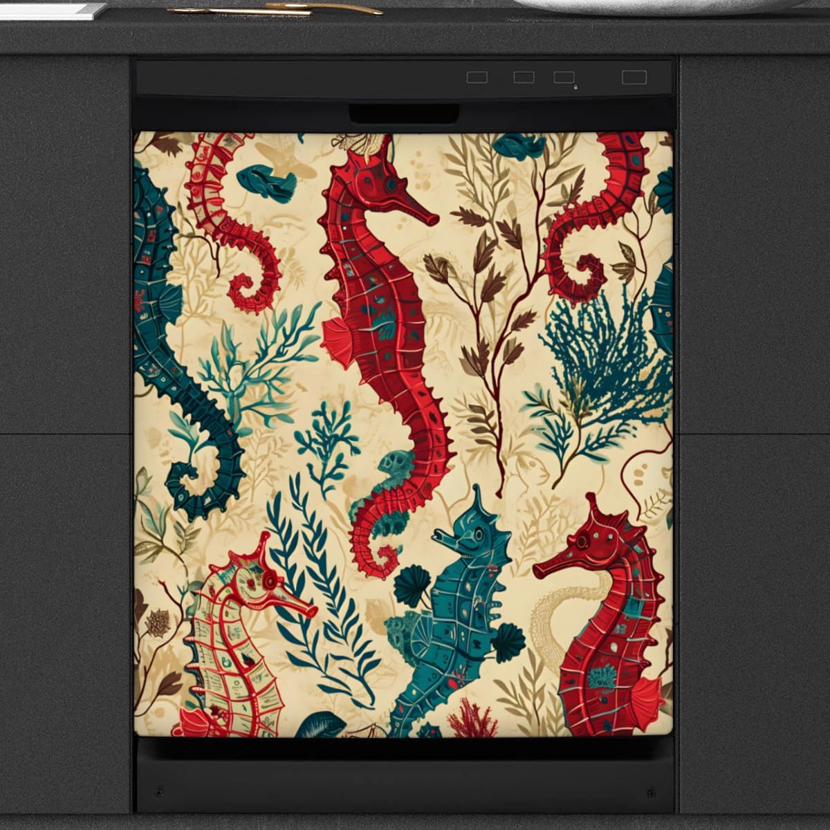 Animal Colorful Seahorse Ocean Dishwasher Magnet Cover Reusable Decorative Magnetic Door Cover Dishwasher Covers for The Front Magnetic Kitchen Refrigerator Appliance Decor 23 x 26 Inches