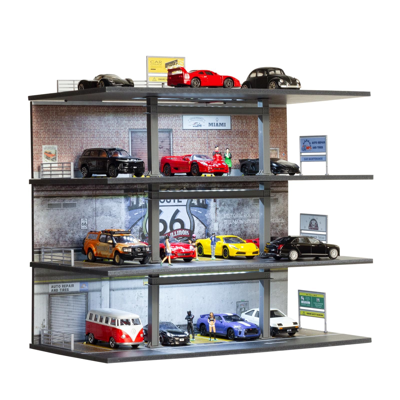 1:64 Diorama Garage Modello, Illuminazione LED 4 piani Parcheggio Scena Display Case, per 1:64 Diecast Modellino Auto Vetrina Modello, Edificio