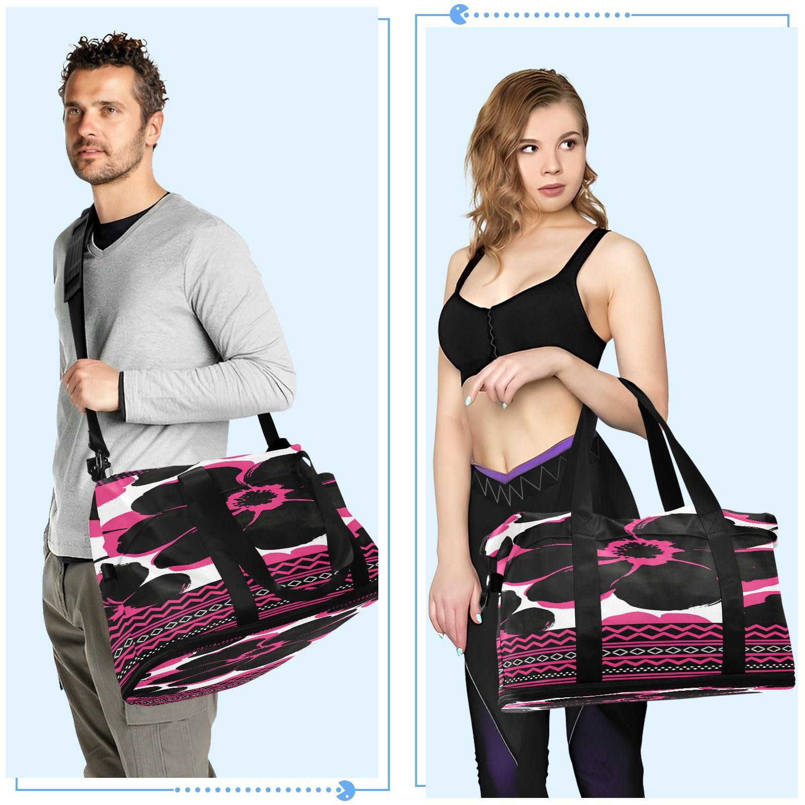 Reisetaschen mit schwarzem und rosa Blumenmuster, 2-teiliges Set, Reisetasche, Handgepäcktasche mit verstellbarem Gurt, für Geschäftsreisen