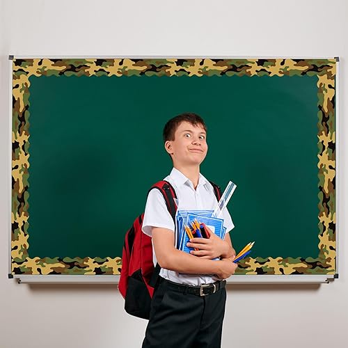 Miniatura 6 de Bordes de tablero de anuncios de camuflaje de 99 pies, color verde, negro y marrón, borde de tablero de anuncios de camuflaje para escuela, aula,