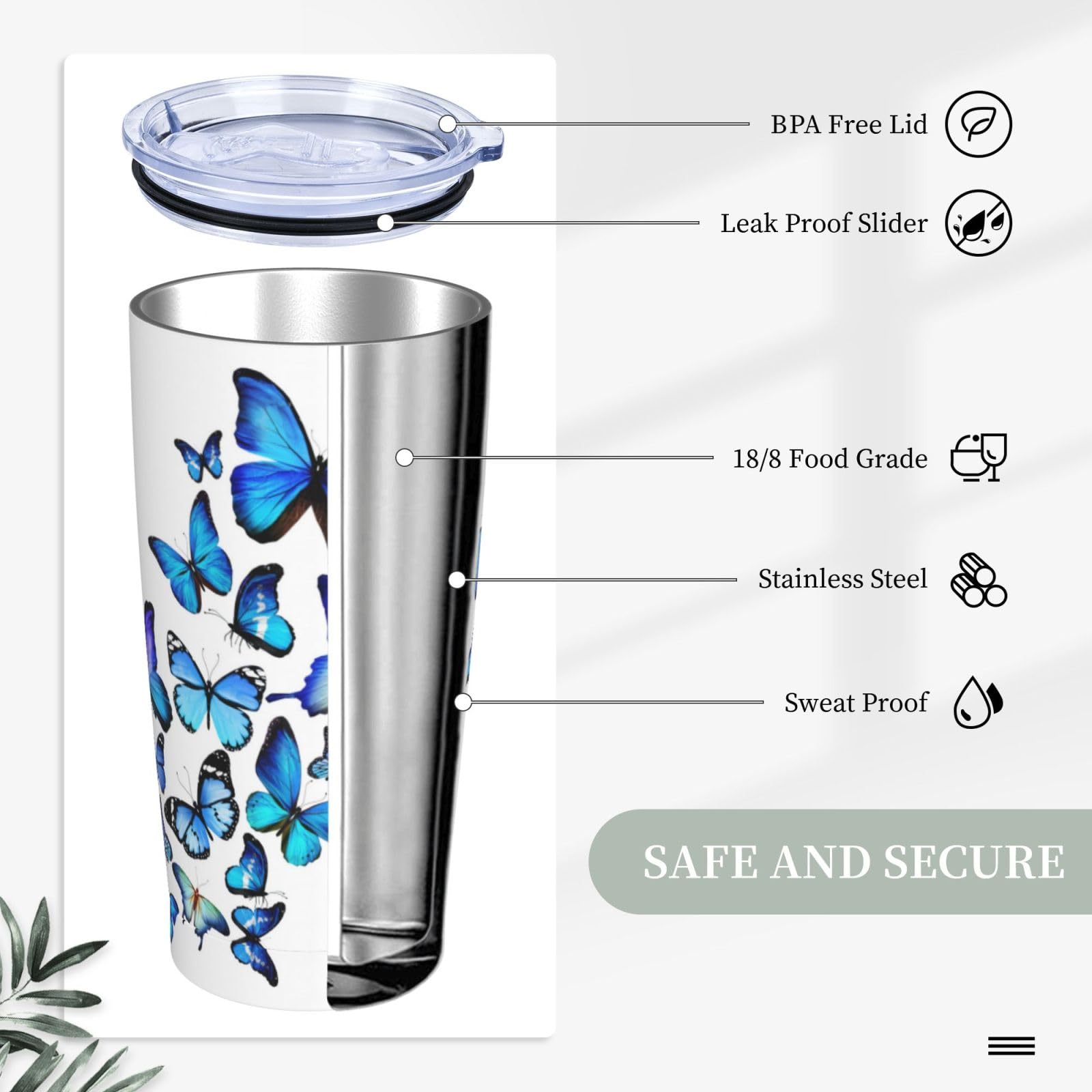 Blauer Schmetterling bedruckter Edelstahlbecher Autobecher tragbarer Thermobecher
