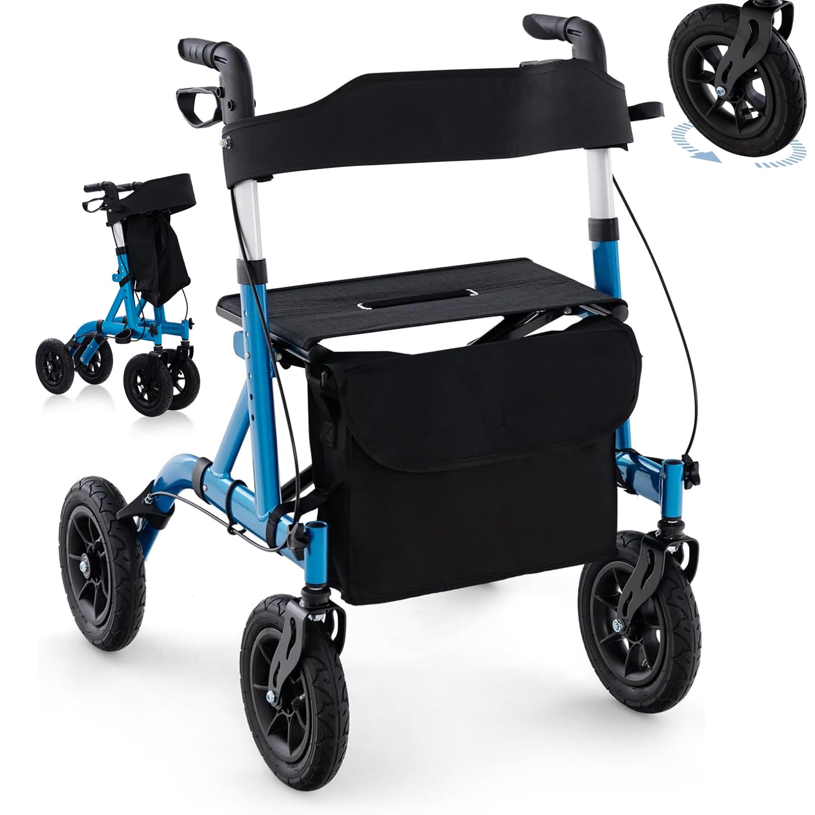 RELAX4LIFE Andador 4 Ruedas Plegable Ligero Aluminio, Rollator con Ruedas Todoterreno, Altura Ajustable 81-94 CM, Asiento, Bolsa, Soporte para Caminar para Edad Discapacitados