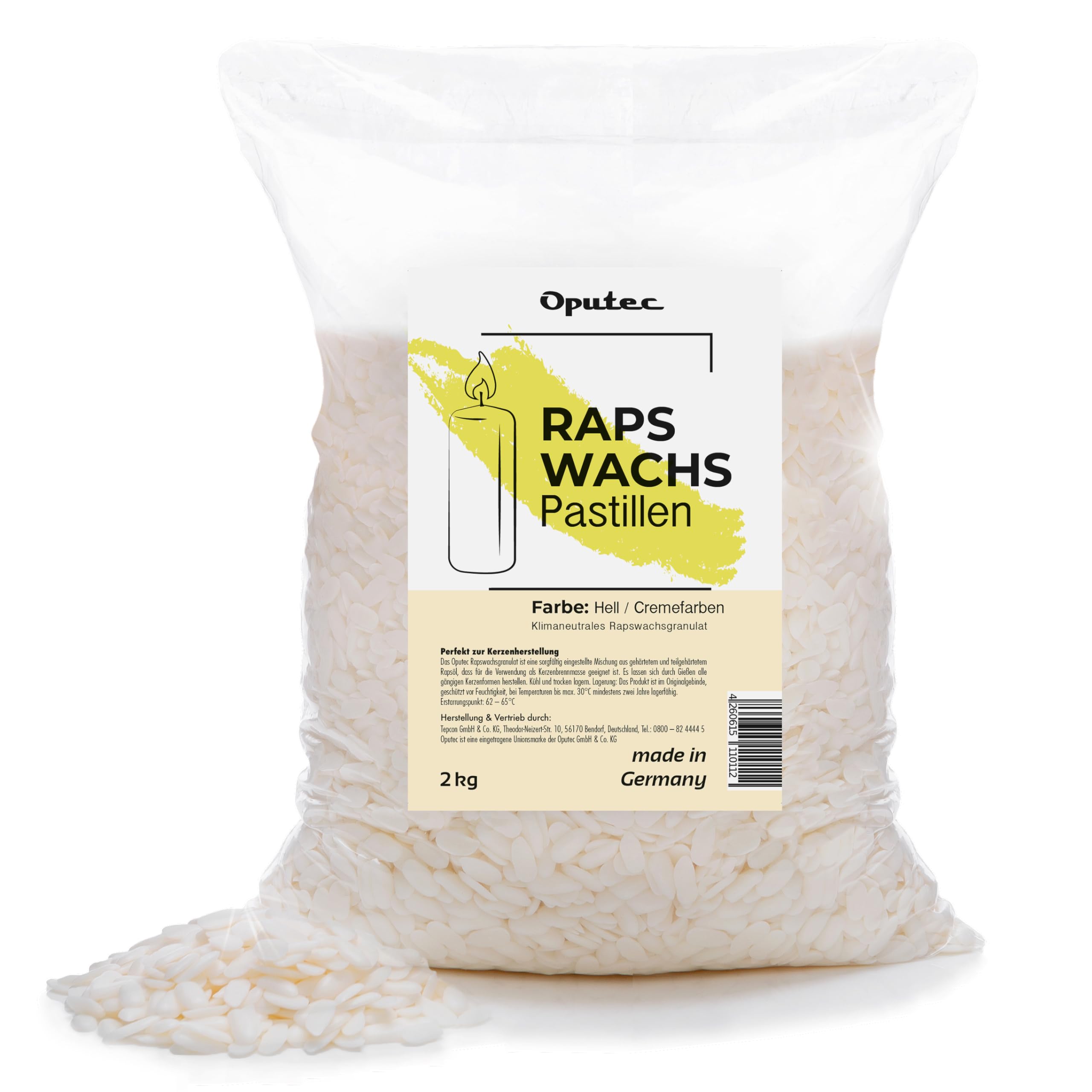 Oputec Pastillas de cera para velas de 8 kg – Cera para fundir canola – Cera de color crema para hacer velas y rellenar – Velas propias de pastillas de cera de colza natural – Fabricado en Alemania