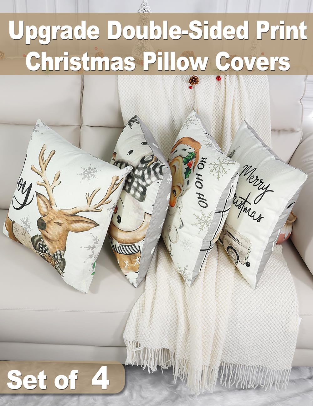 multiwins Juego de 4 fundas de almohada navideñas con estampado de doble cara de 16 x 16 pulgadas, con 8 bonitos patrones de decoración navideña, fundas de almohada perfectas para Navidad y decoración