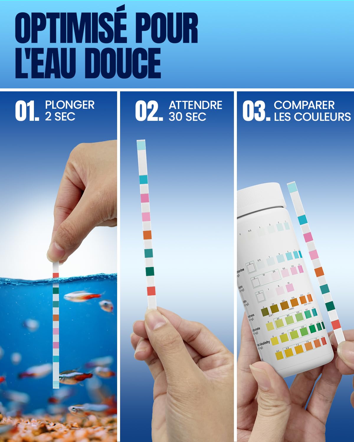 Bandelettes de test d'aquarium – Boîte de test d'eau 8 en 1 : tests rapides et précis pour l'eau douce et l'eau salée, 50 bandelettes pour mesurer le nitrite, l'ammoniac pour l'entretien