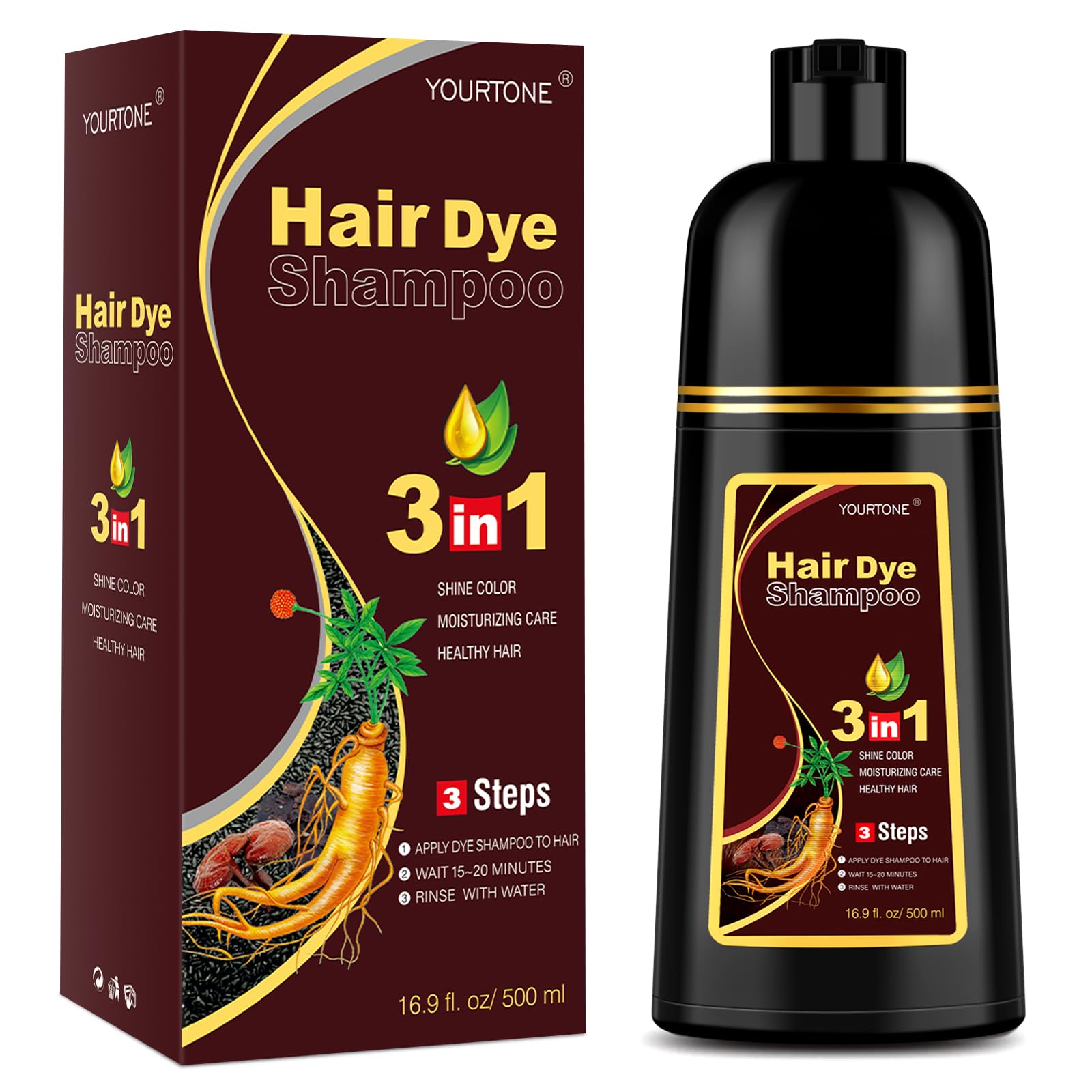 Dark Brown Hair Dye Shampoo 3 in 1 for Gray Hair Coverage, Hair Color Shampoo for Women Men, Herbal Ingredients Champu Para Pintar el Cabello (16.9 Oz)