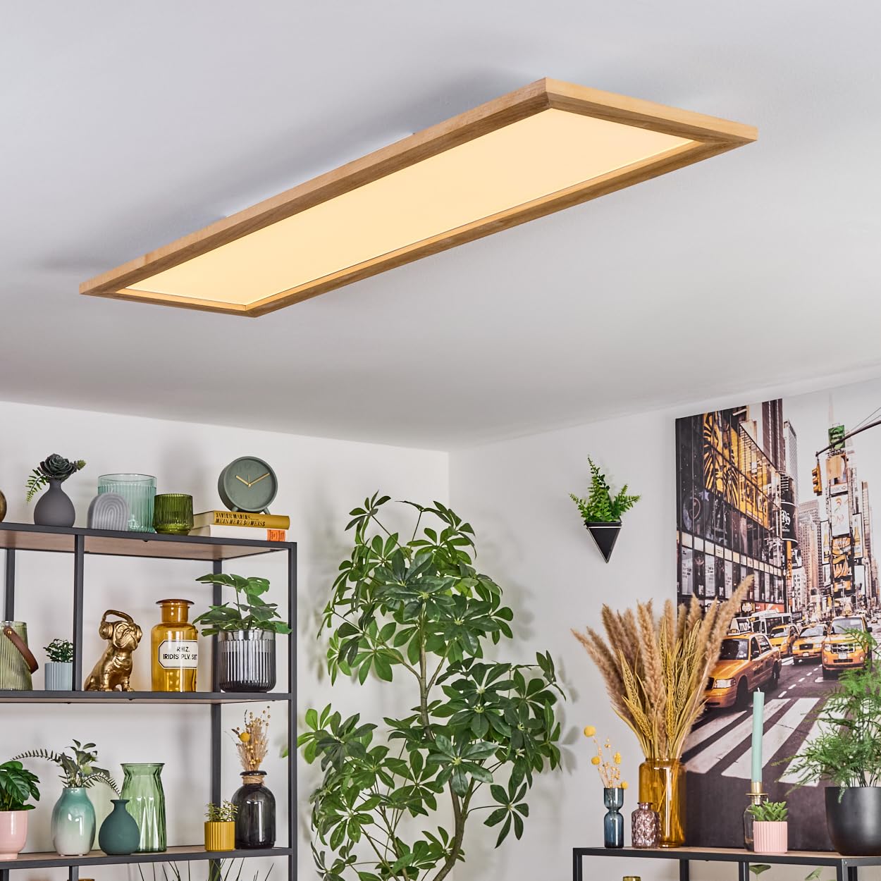 HOFSTEIN LED Deckenpanel Belan, dimmbare Deckenleuchte aus Metall/Holz/Kunststoff in Weiß/Natur, 37W, 3900L, 2700-6500 K, CCT einstellbar, Smart Home/App/Fernbedienung, Wohnzimmer, Schlafzimmer, Küche
