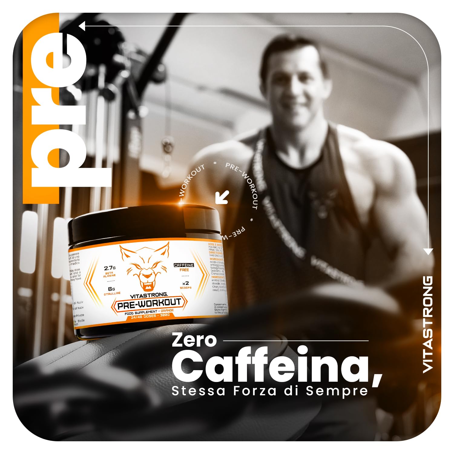 Pre Workout Potente 300g, con Vitamina B12, L Citrullina, Beta Alanina,Taurina, AstraGin, Vitastrong Pre Workout Made in Italy (24 Porzioni (Confezione da 1),Orange - No Caffeine)