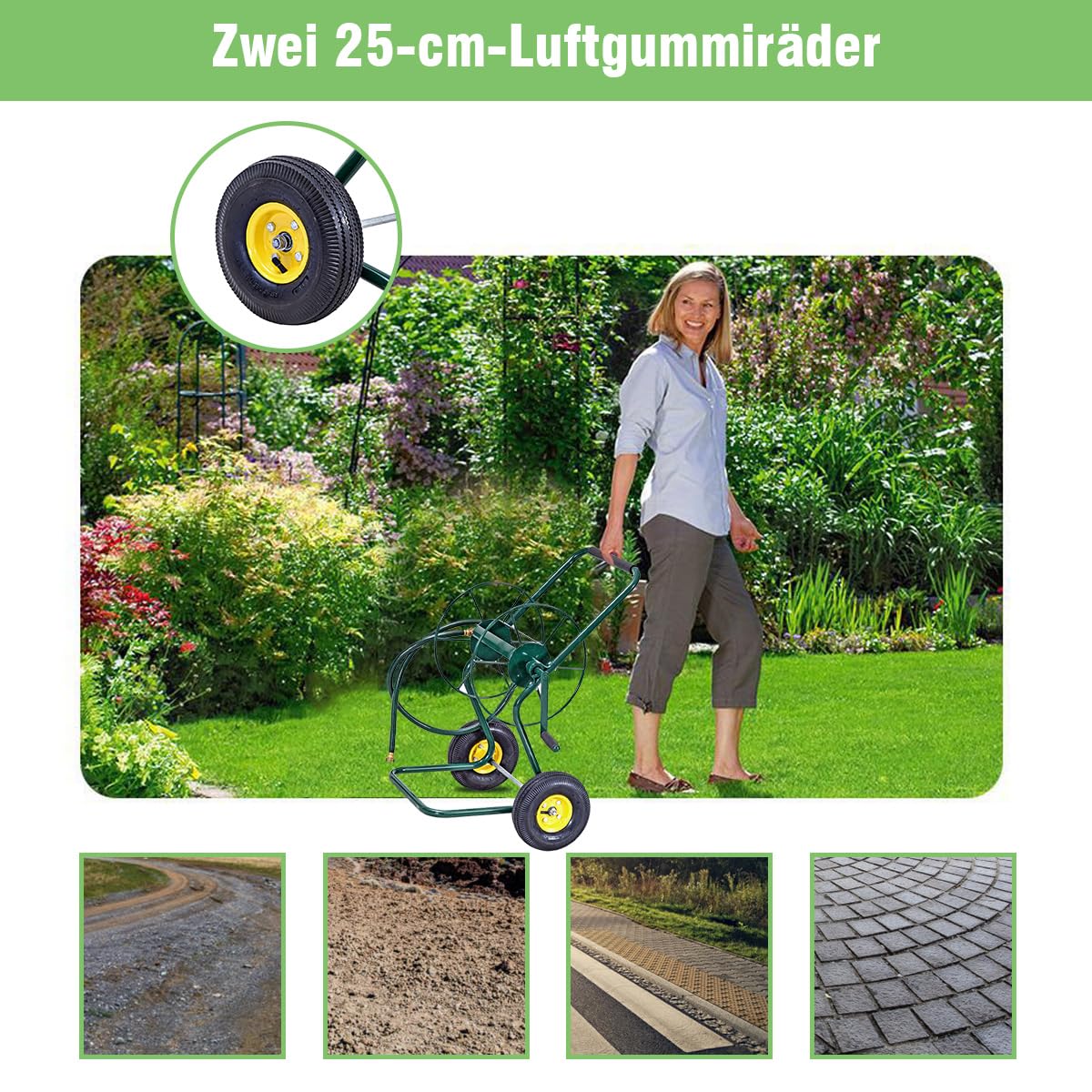 RELAX4LIFE Schlauchwagen für 61m 3/4" (19 mm) Schlauch, Gartenschlauchwagen Metall, Fahrbare Schlauchtrommel mit Ø 25cm Reifen 188 cm Anschlusschlauch, Schlauchaufroller für Garten, 71x53x96,5cm, Grün