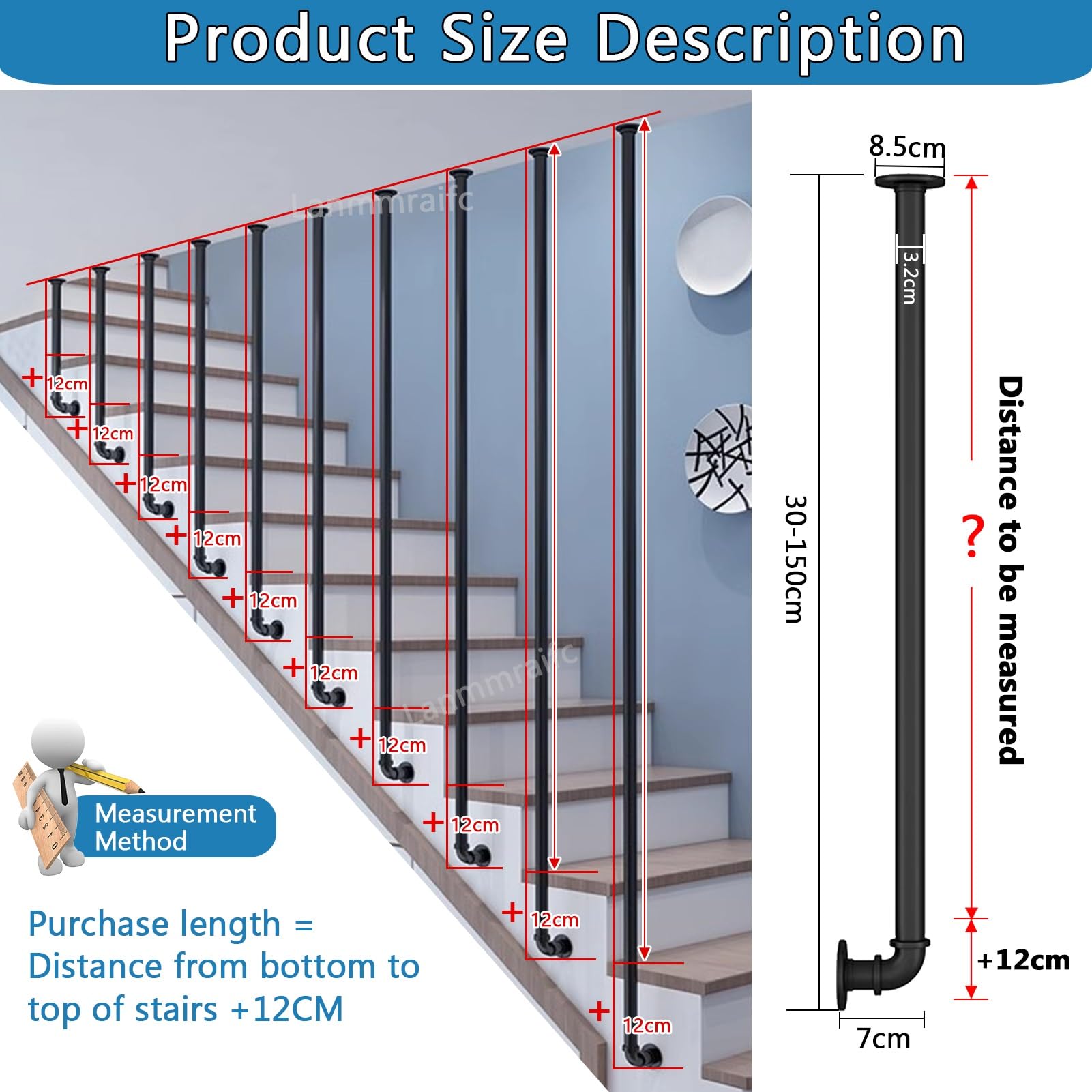 Barandilla de Escalera en Forma de L, pasamanos de Escalera, Barra de Apoyo, Tubo Redondo de Hierro Forjado Negro de 1 a 5 pies (105 cm/3,4 pies) para Interiores y Exteriores.