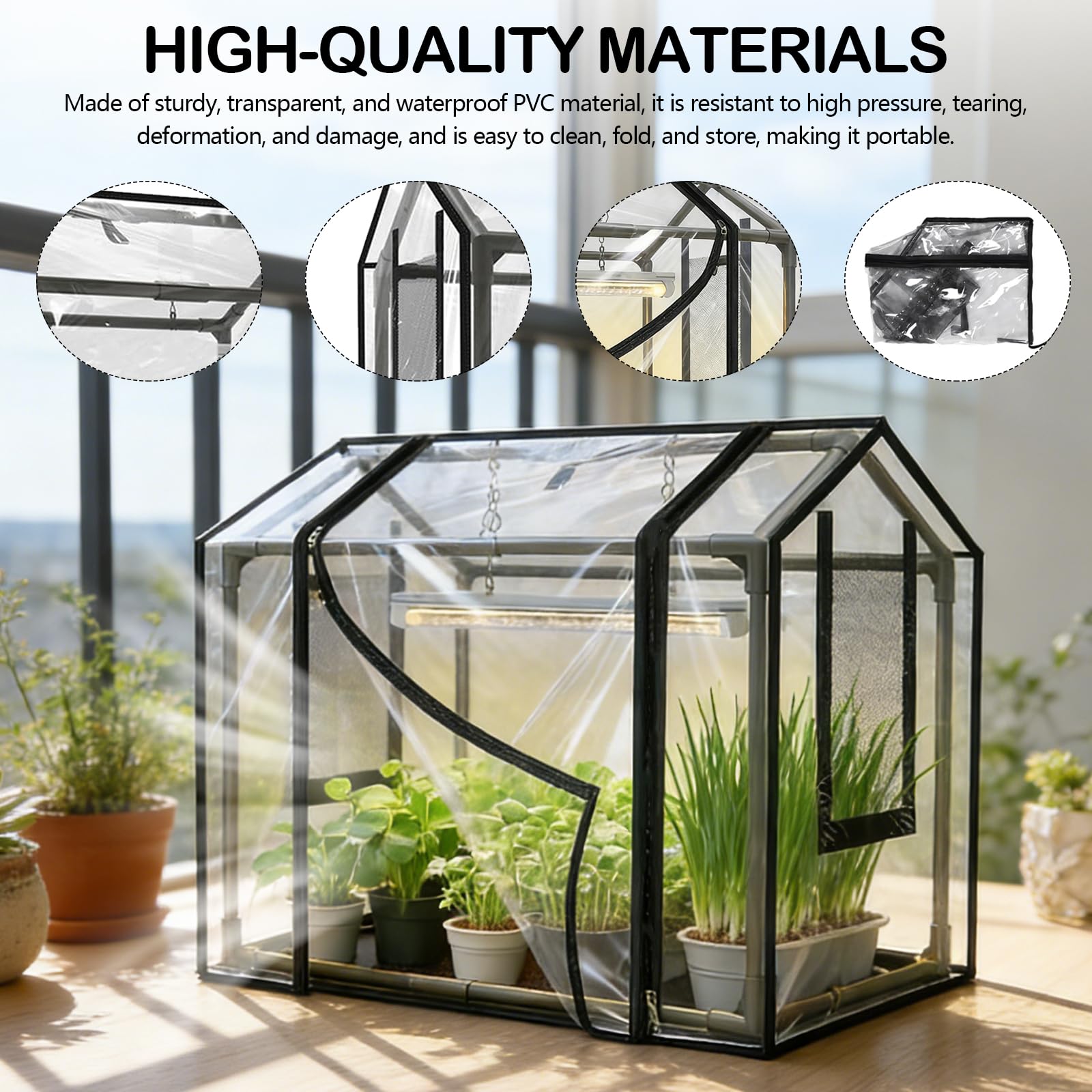 Kit di Piantagione, Serra da Balcone con 2 Vasi per Piante Copertura PVC 60 x 40 x 50 cm con Porta Avvolgibile a Cerniera Serra da Giardino Resistente Alle Intemperie Trasparente per Giardino Balcone