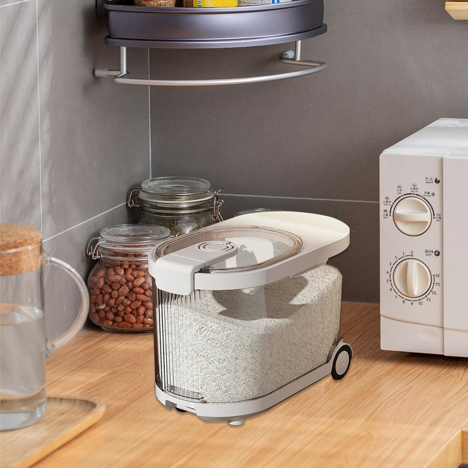 Dispenser di riso | Dispenser trasparente per cereali con coperchi e ruote, contenitore ermetico per cibo per cani, scatola per condimenti per cucina e casa | contenitore ermetico per cibo per cani, scatola per condimenti per cucina e casa