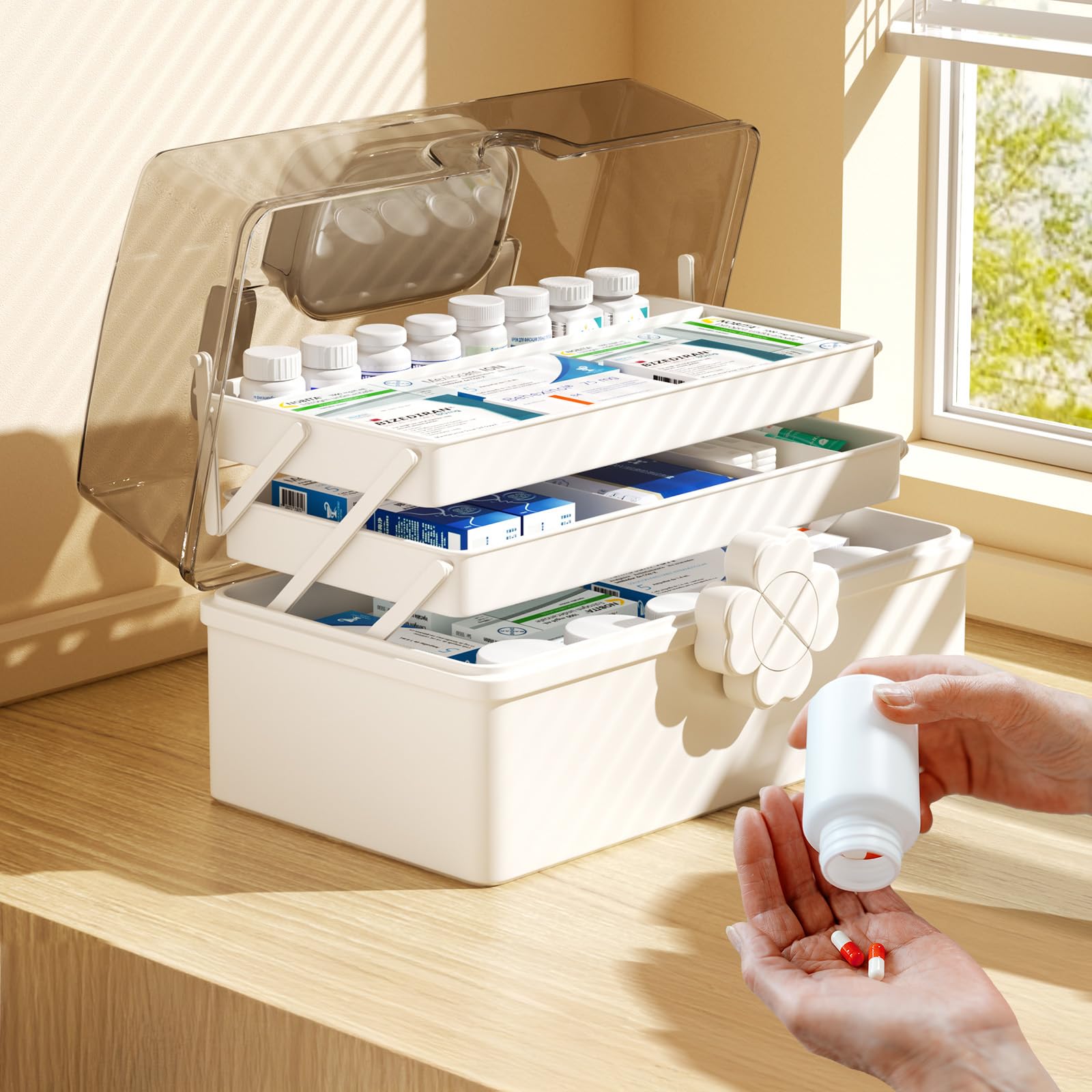 Mihoho Botiquín de 3 niveles, botiquín de 3 estantes, botiquín casero, caja de almacenamiento de medicamentos, botiquín de primeros auxilios, caja de medicamentos, caja de clasificación para