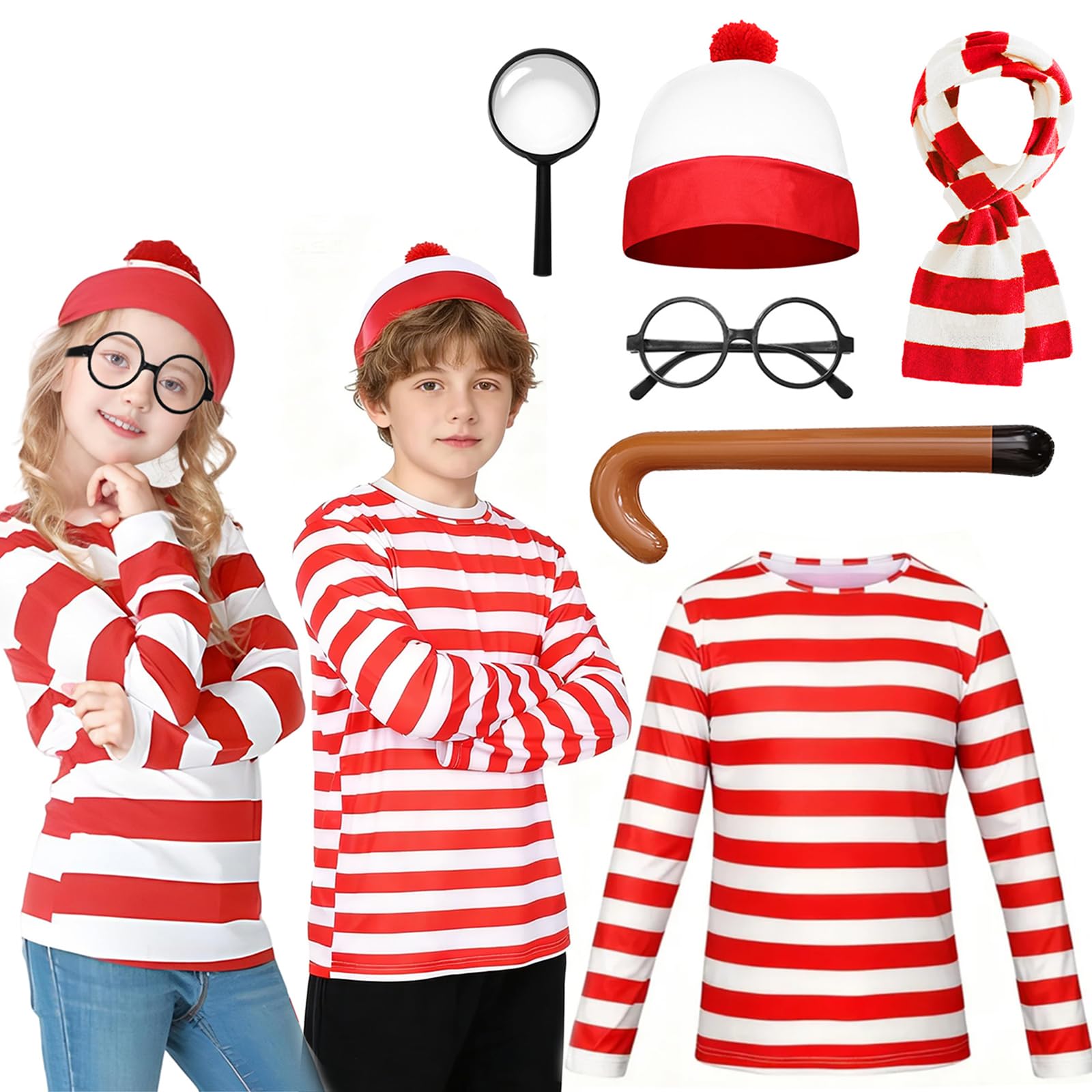 Meriviva Kids World Book Day Costumes, Long Sleeve Red and White Striped Top Set with Scarf Hat Glasses Magnifying Glass, Fancy Dress World Book Day Costumes for Girls Boys (XL)