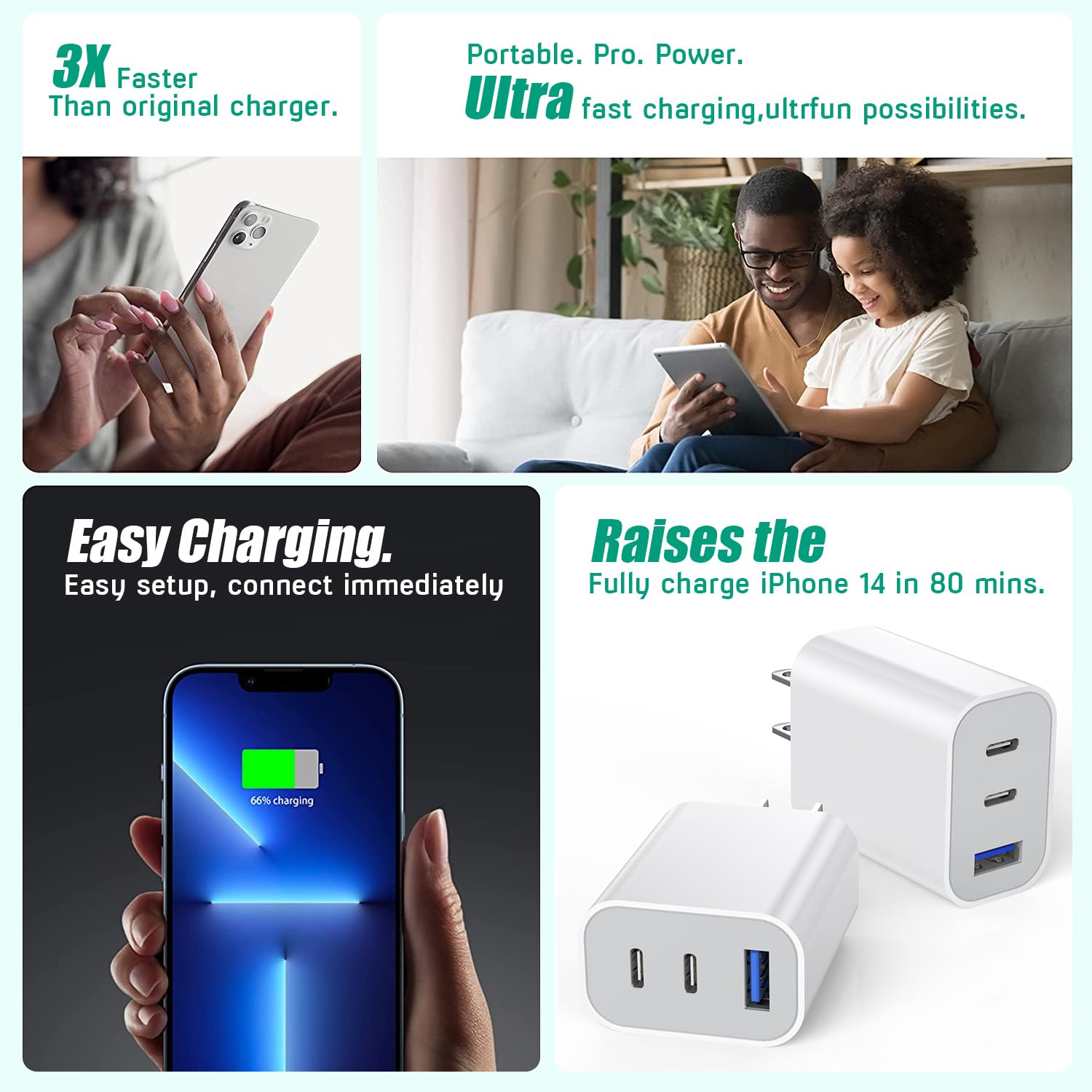 [Paquete de 3] iPhone 16 15 Bloque de cargador rápido de 35 W 3 puertos USB rápido C Bloque de cargador multipuerto de doble puerto PD+QC enchufe de pared compatible con iPhone 16/16 Pro/16 Pro Max/16