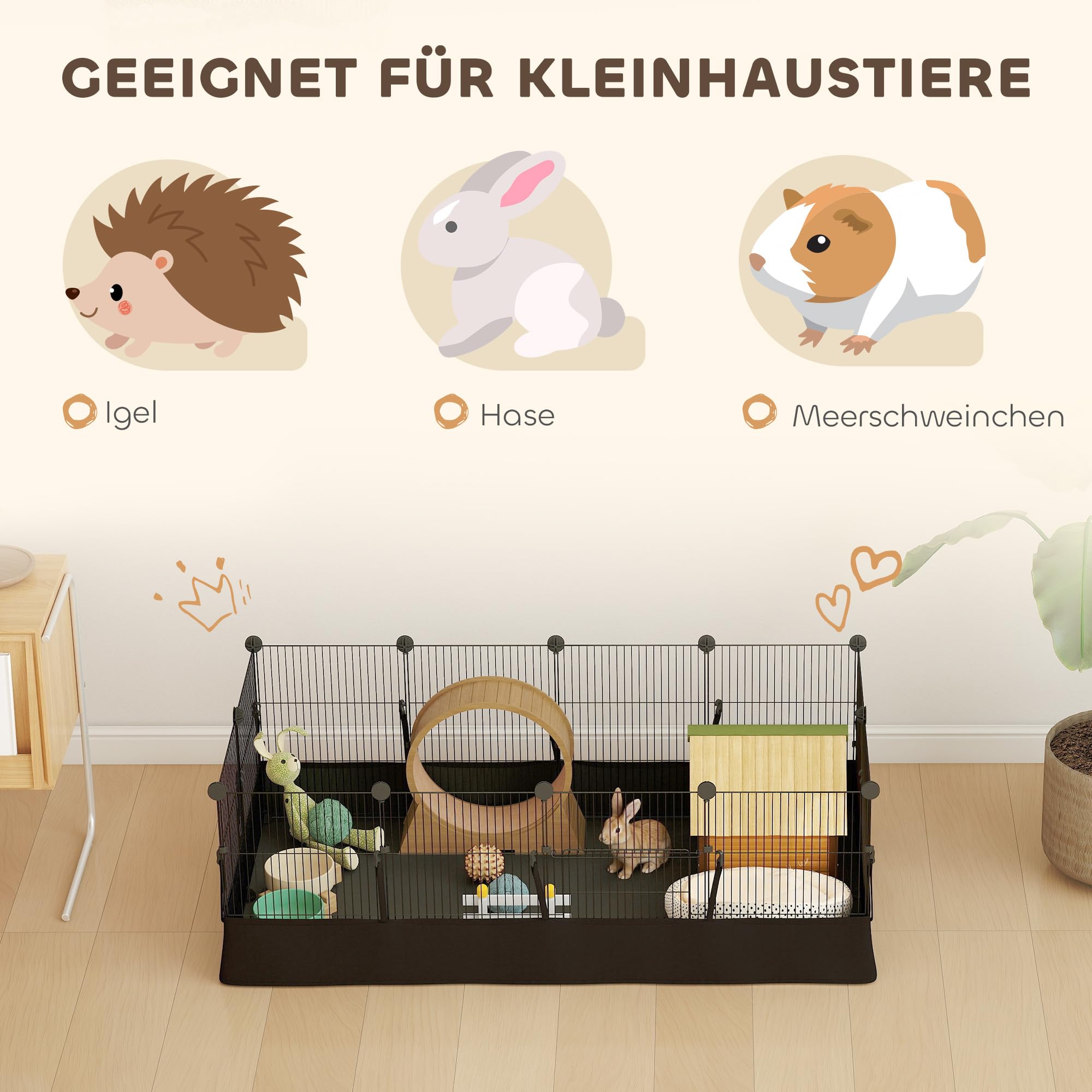 PawHut Kleintiergehege mit Bodenplatten 12 Paneel 120x60x40 cm Schwarz
